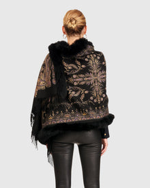 Printed Cashmere Stole With Fox Tape Top And Bottom | Black Paisley
