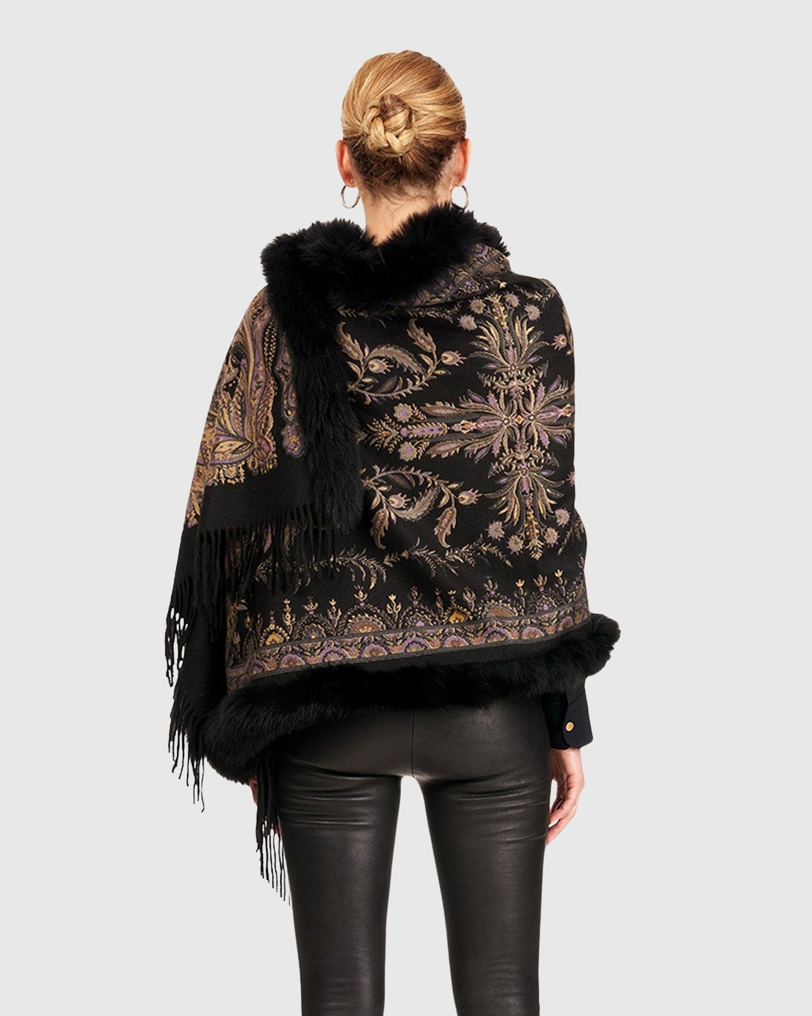 Printed Cashmere Stole With Fox Tape Top And Bottom | Black Paisley