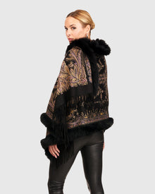 Printed Cashmere Stole With Fox Tape Top And Bottom | Black Paisley