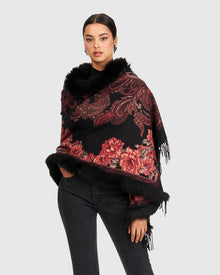 Printed Cashmere Stole With Fox Trim | Red Paisley