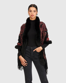 Printed Cashmere Stole With Fox Trim | Red Paisley
