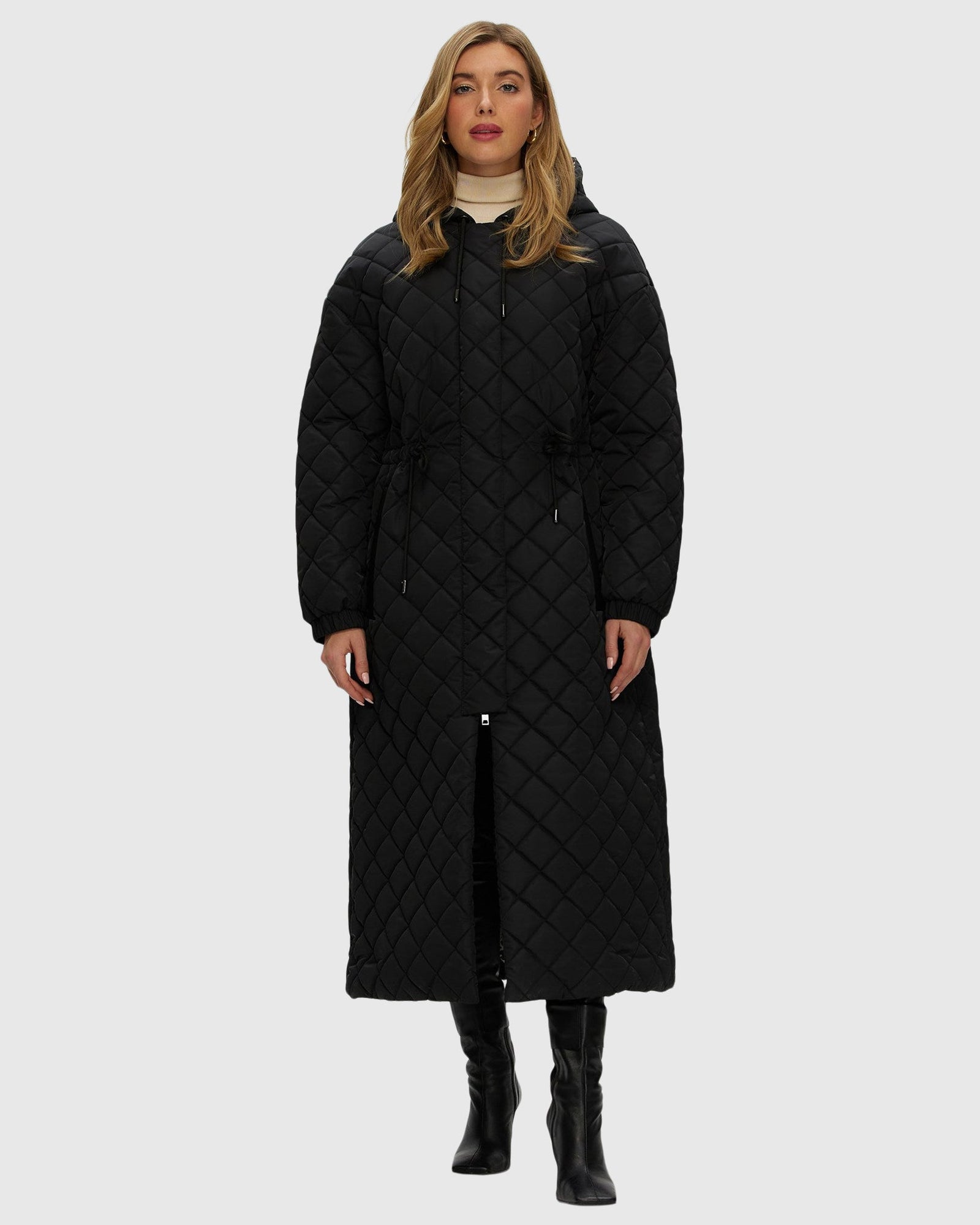 Quilted Fabric Zip Coat With Hood | Black