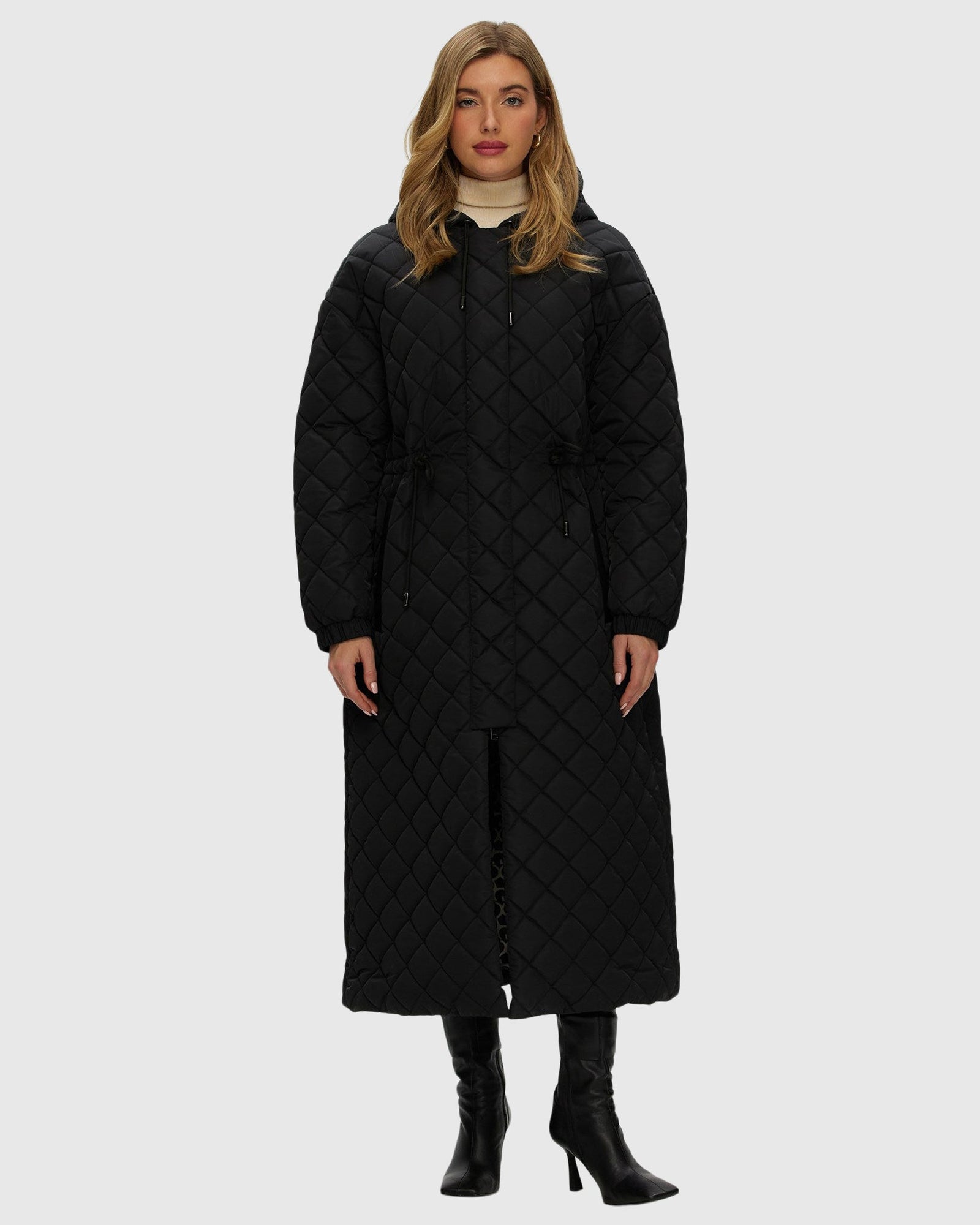 Quilted Fabric Zip Coat With Hood | Black