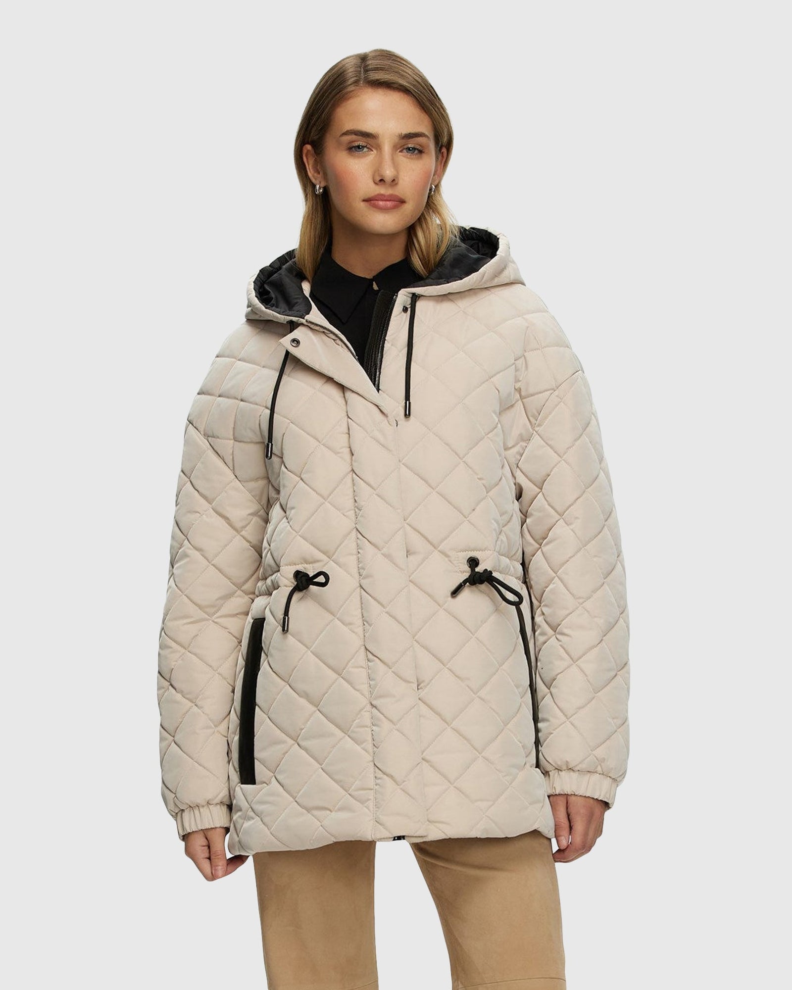 Quilted Fabric Zip Jacket With Hood | Beige