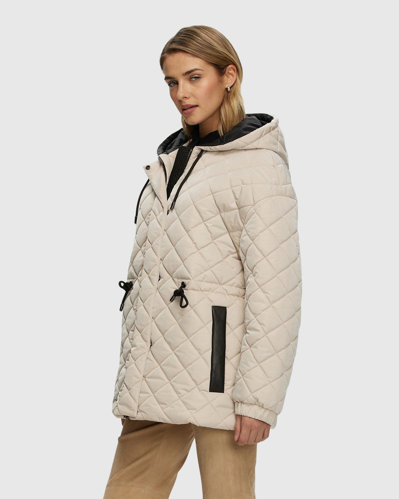 Quilted Fabric Zip Jacket With Hood | Beige