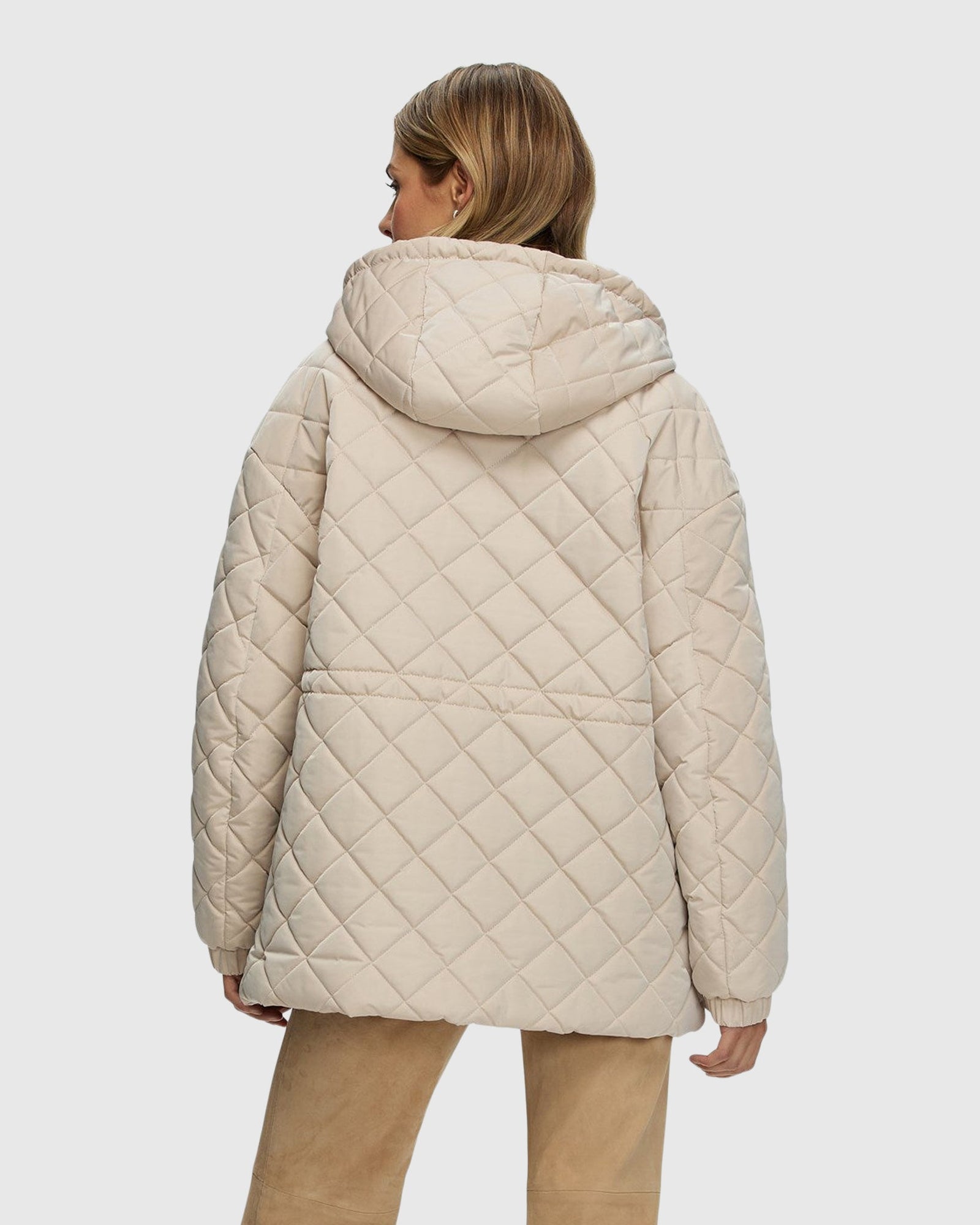 Quilted Fabric Zip Jacket With Hood | Beige