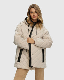 Quilted Fabric Zip Jacket With Hood | Beige