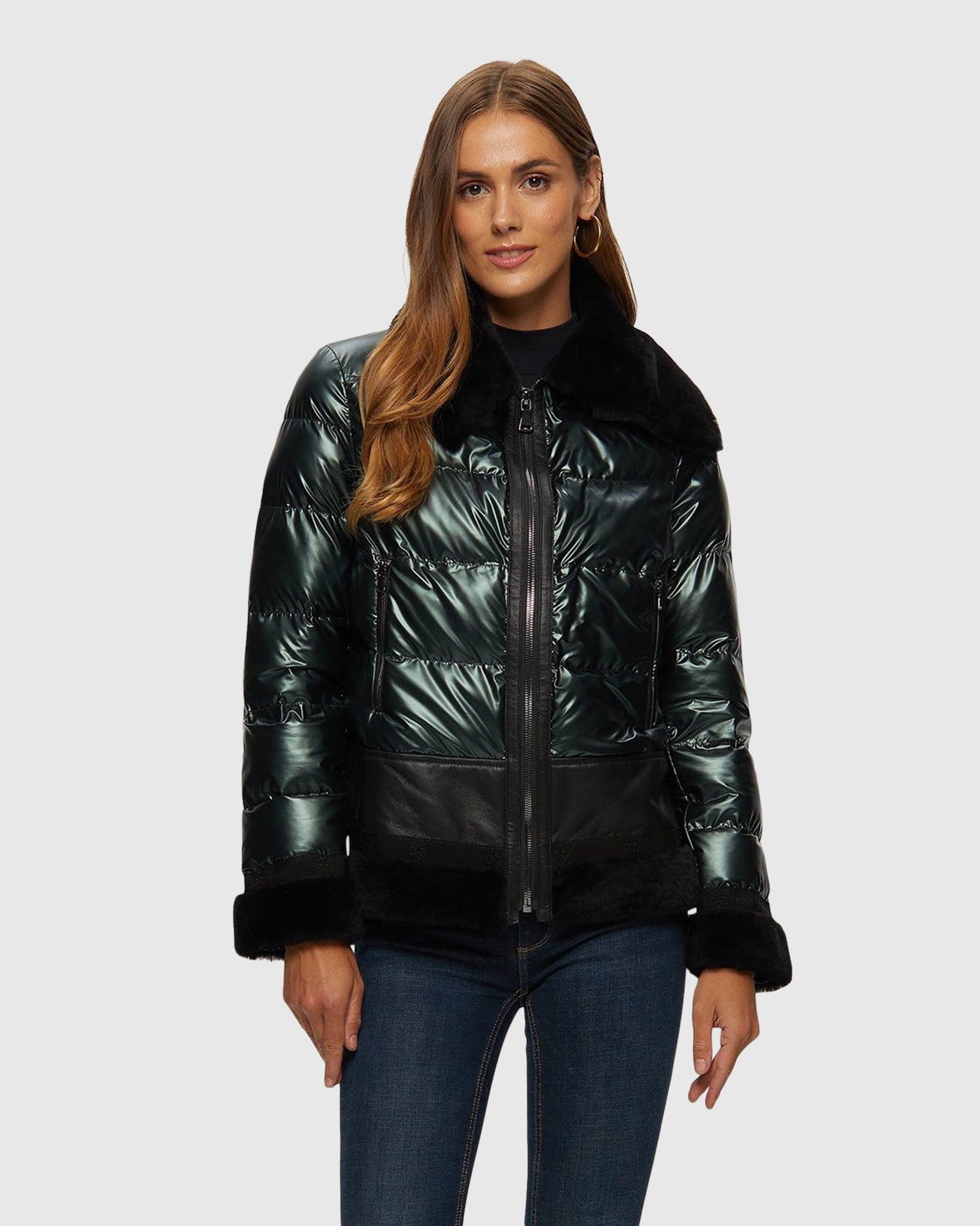 Quilted Jacket With Merino Shearling Lamb Trim | Emerald/Black