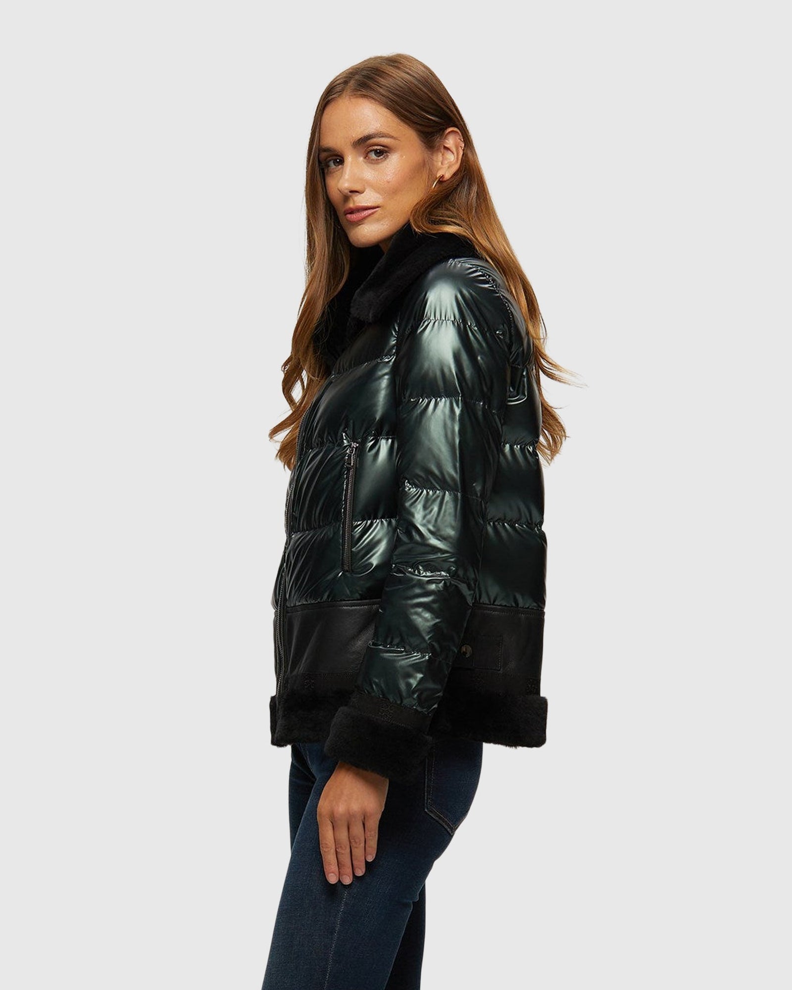 Quilted Jacket With Merino Shearling Lamb Trim | Emerald/Black