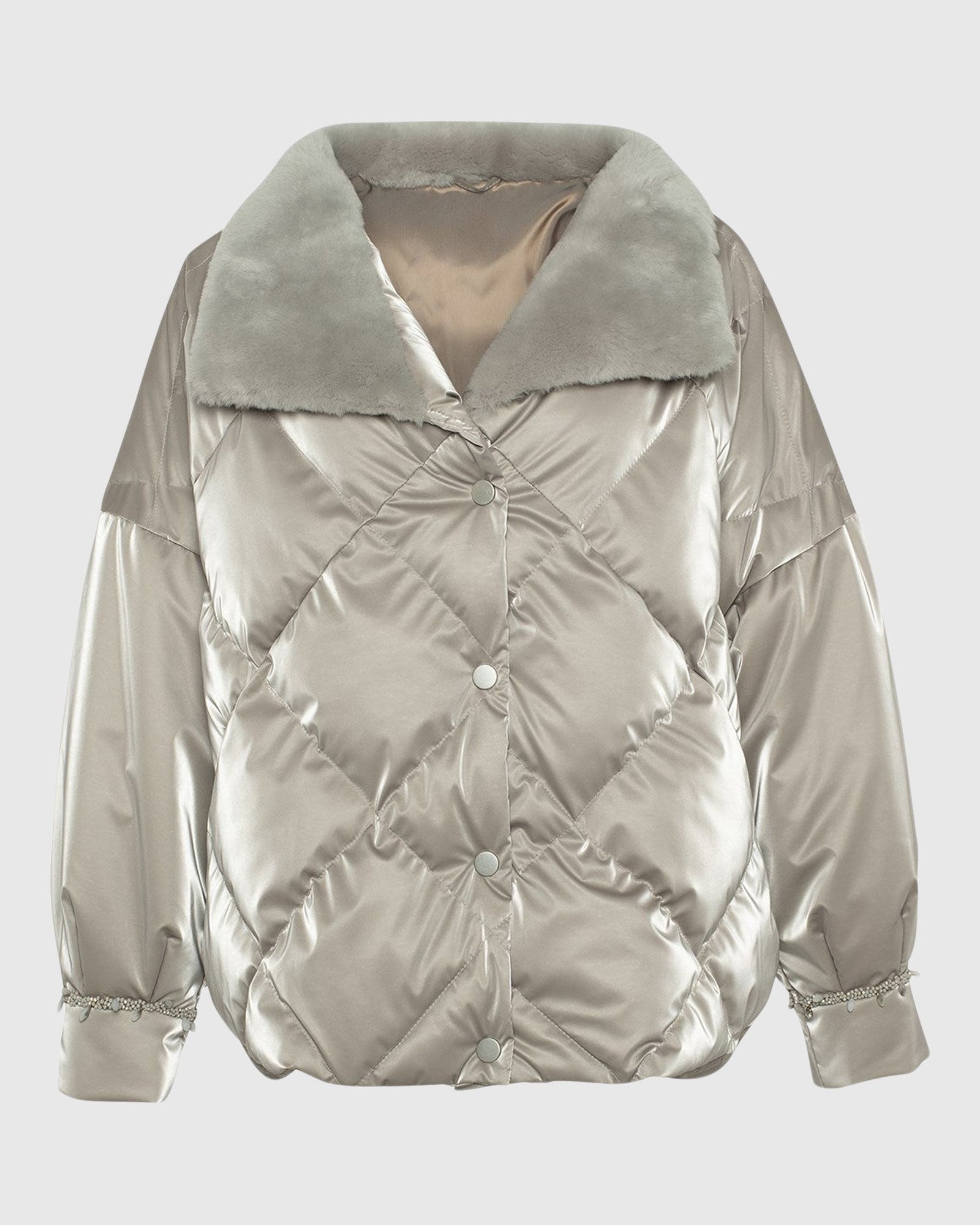Quilted Jacket With Select Shearling Lamb Collar | Greige