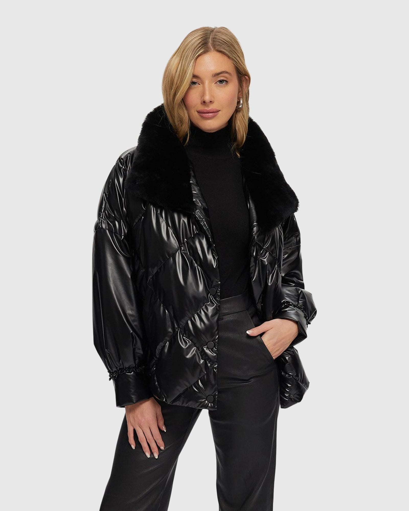 Quilted Jacket With Select Shearling Lamb Collar | Black