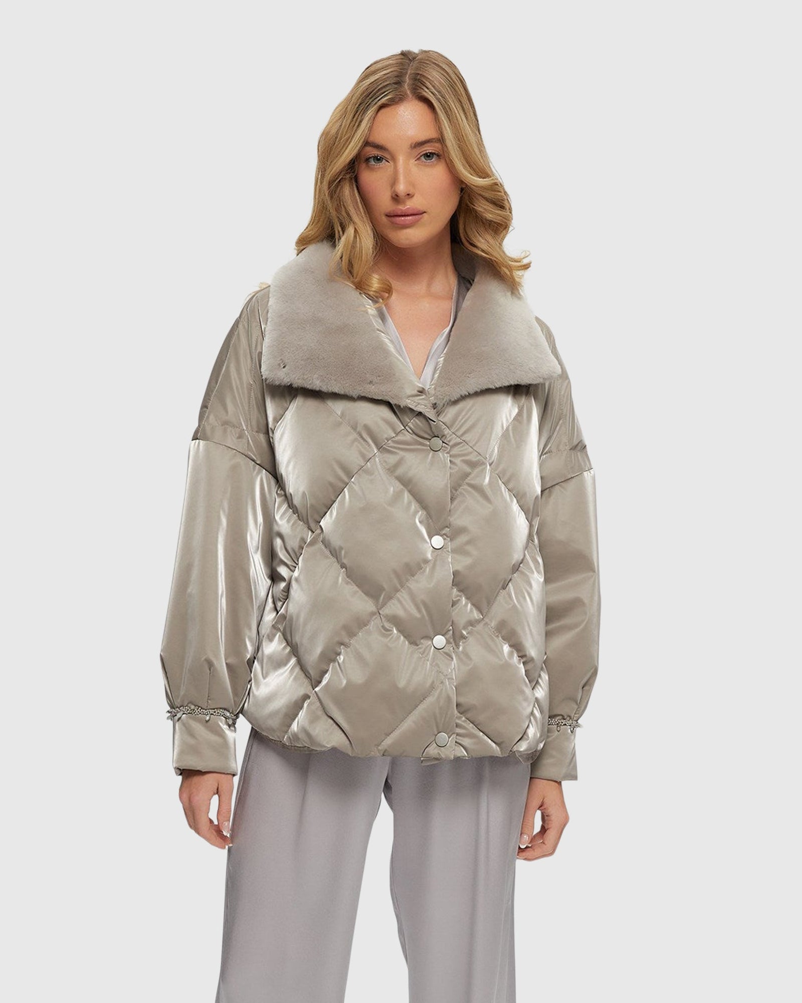 Quilted Jacket With Select Shearling Lamb Collar | Greige
