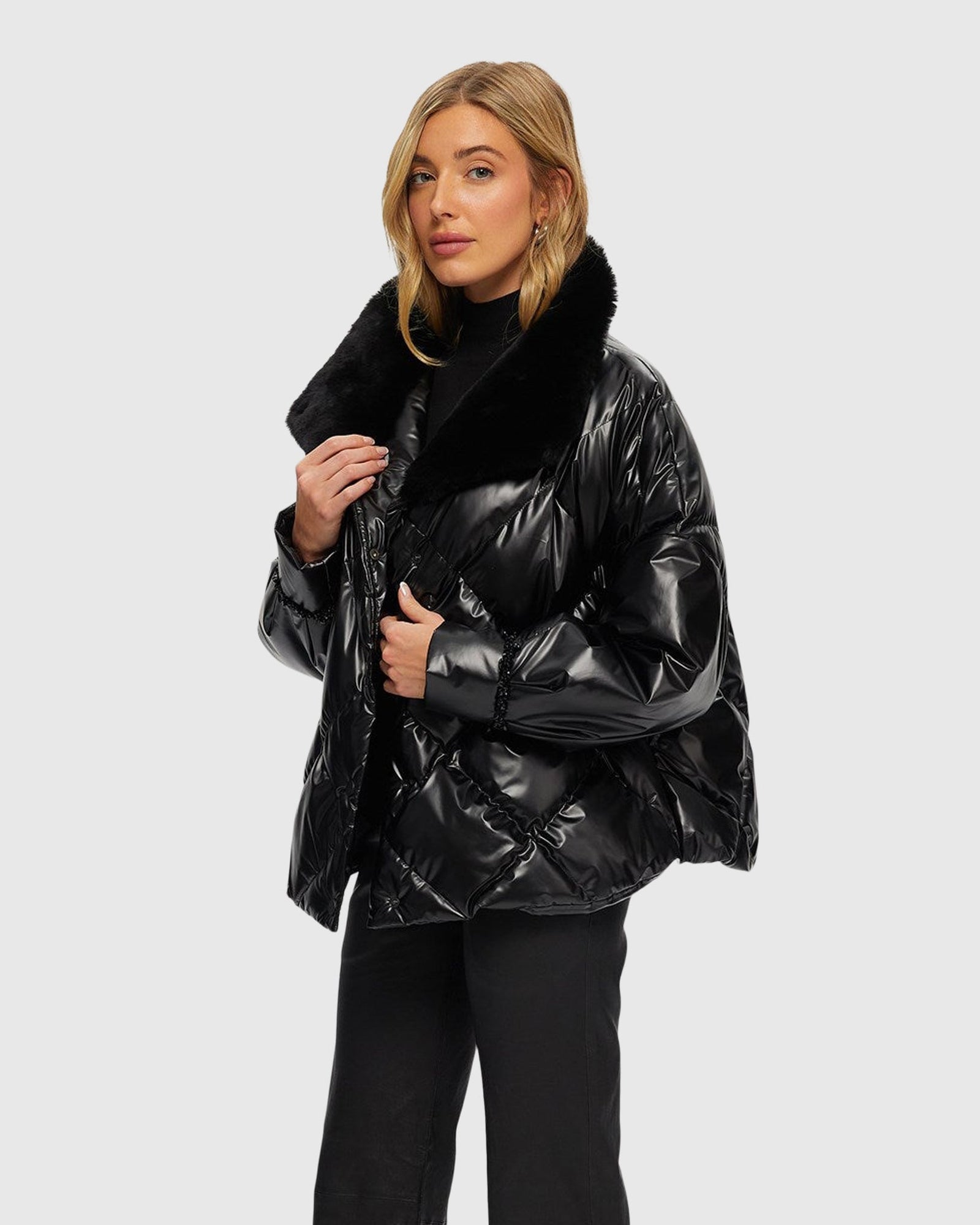 Quilted Jacket With Select Shearling Lamb Collar | Black
