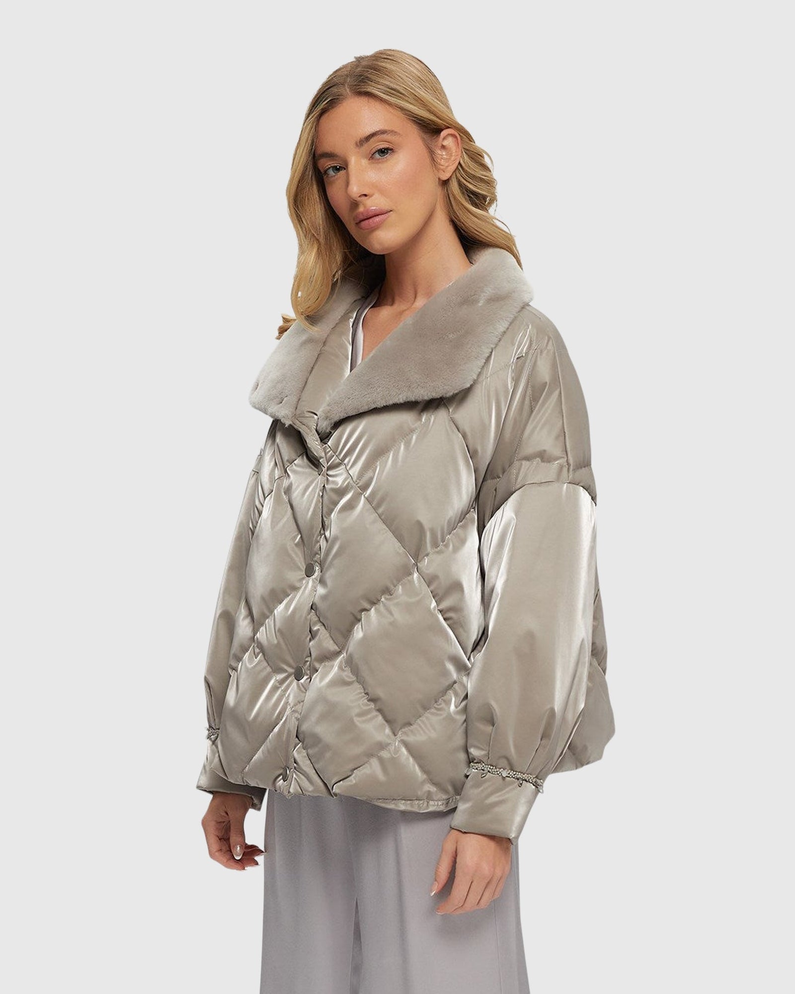 Quilted Jacket With Select Shearling Lamb Collar | Greige