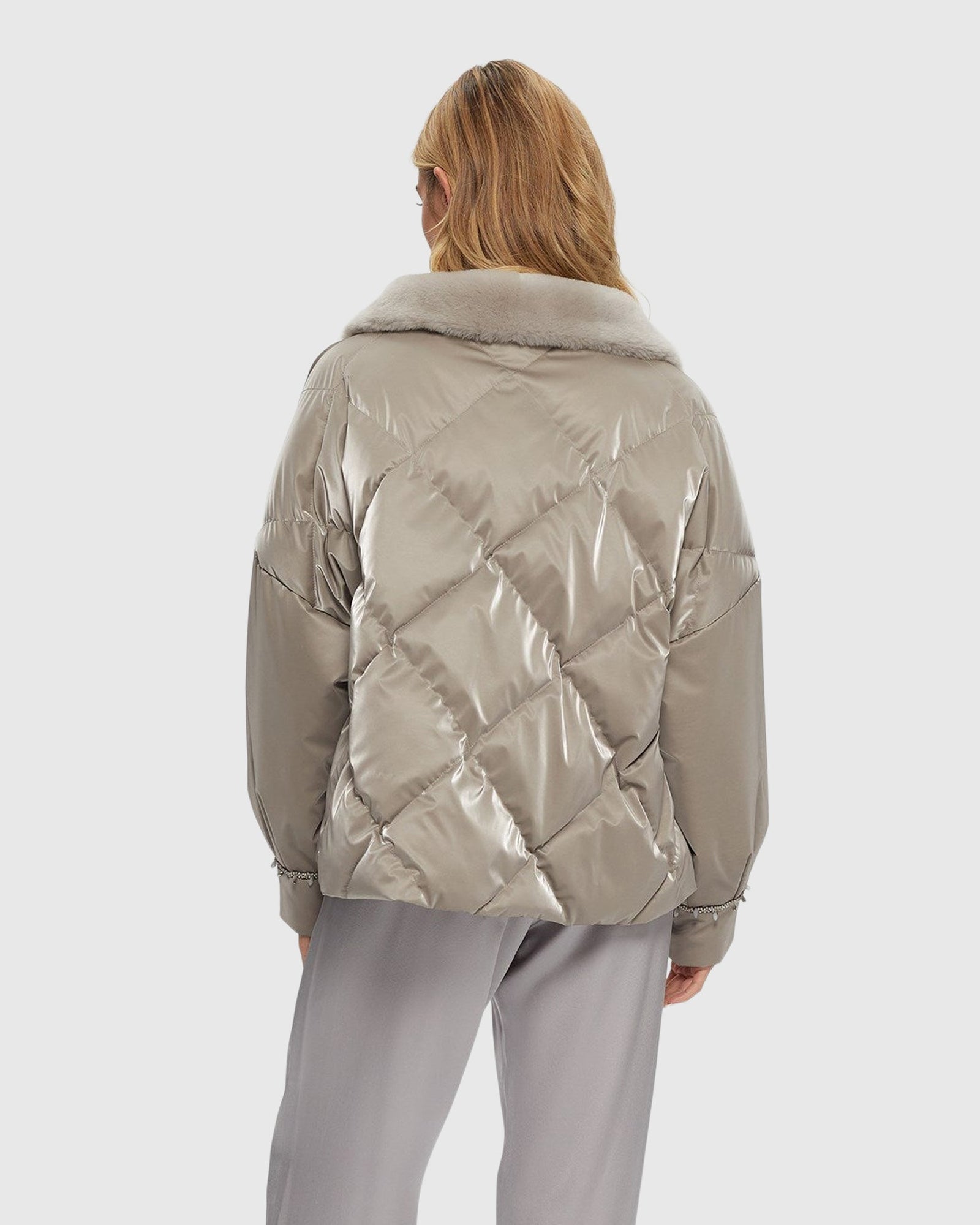 Quilted Jacket With Select Shearling Lamb Collar | Greige