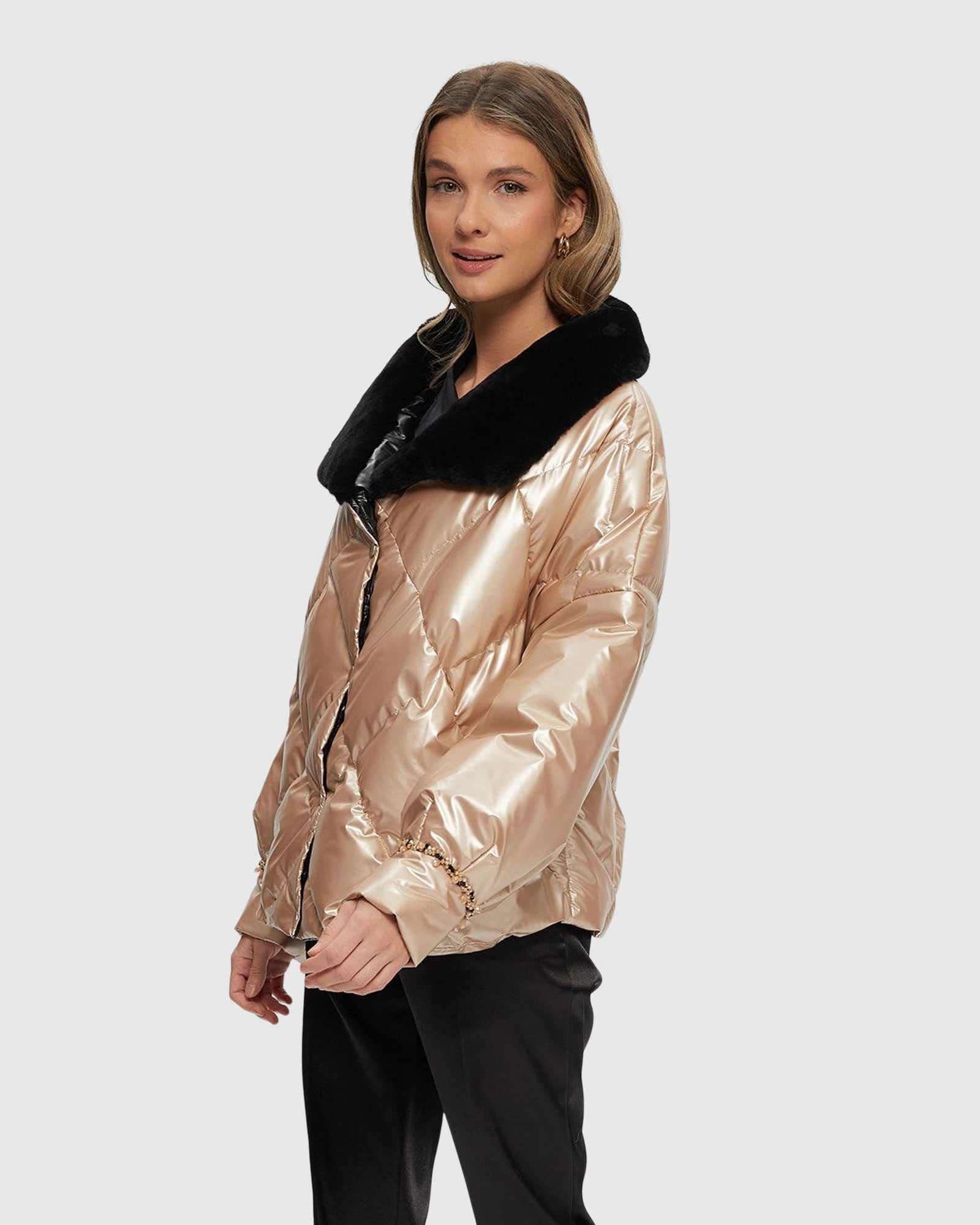Quilted Jacket With Select Shearling Lamb Collar | Rose Gold/Black