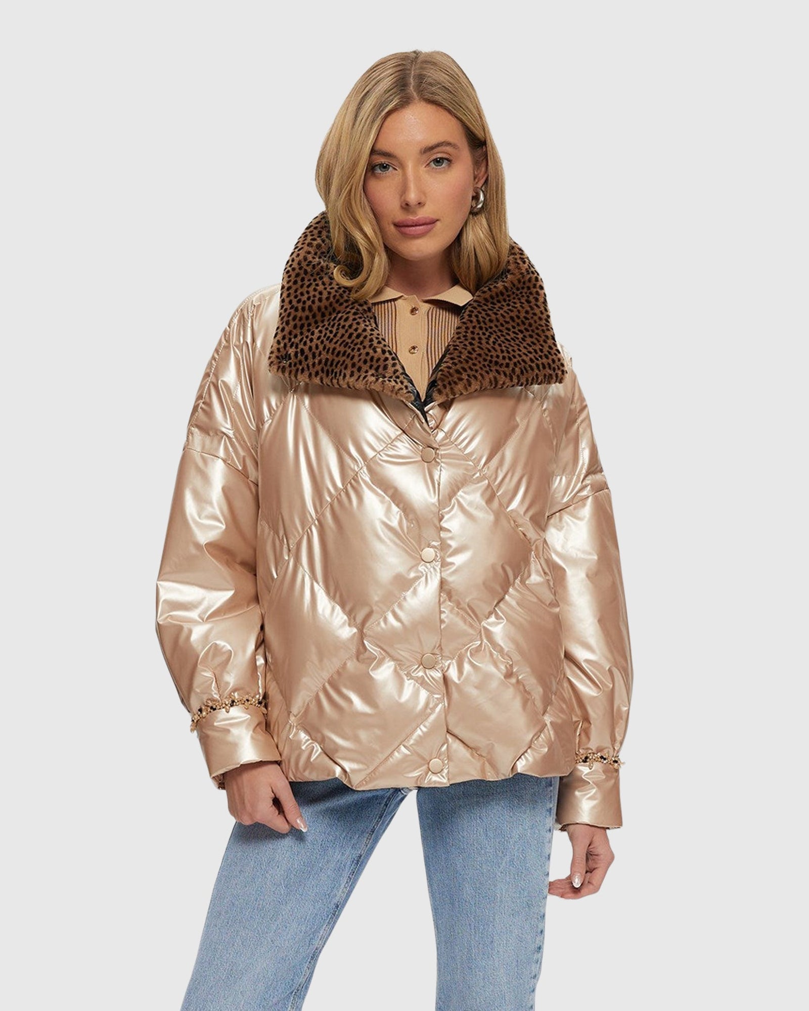 Quilted Jacket With Select Shearling Lamb Collar | Rose Gold/Spot Print