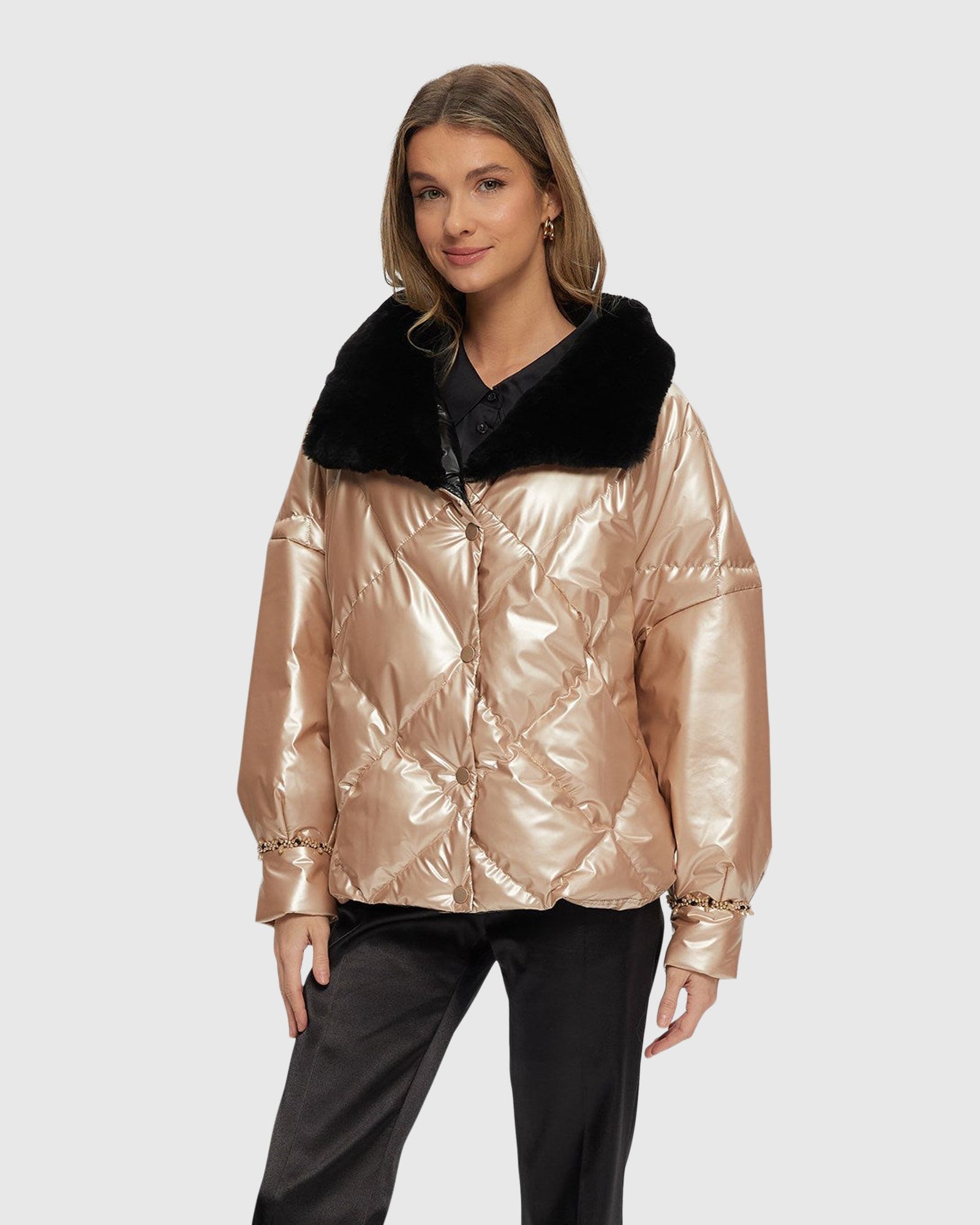 Quilted Jacket With Select Shearling Lamb Collar | Rose Gold/Black