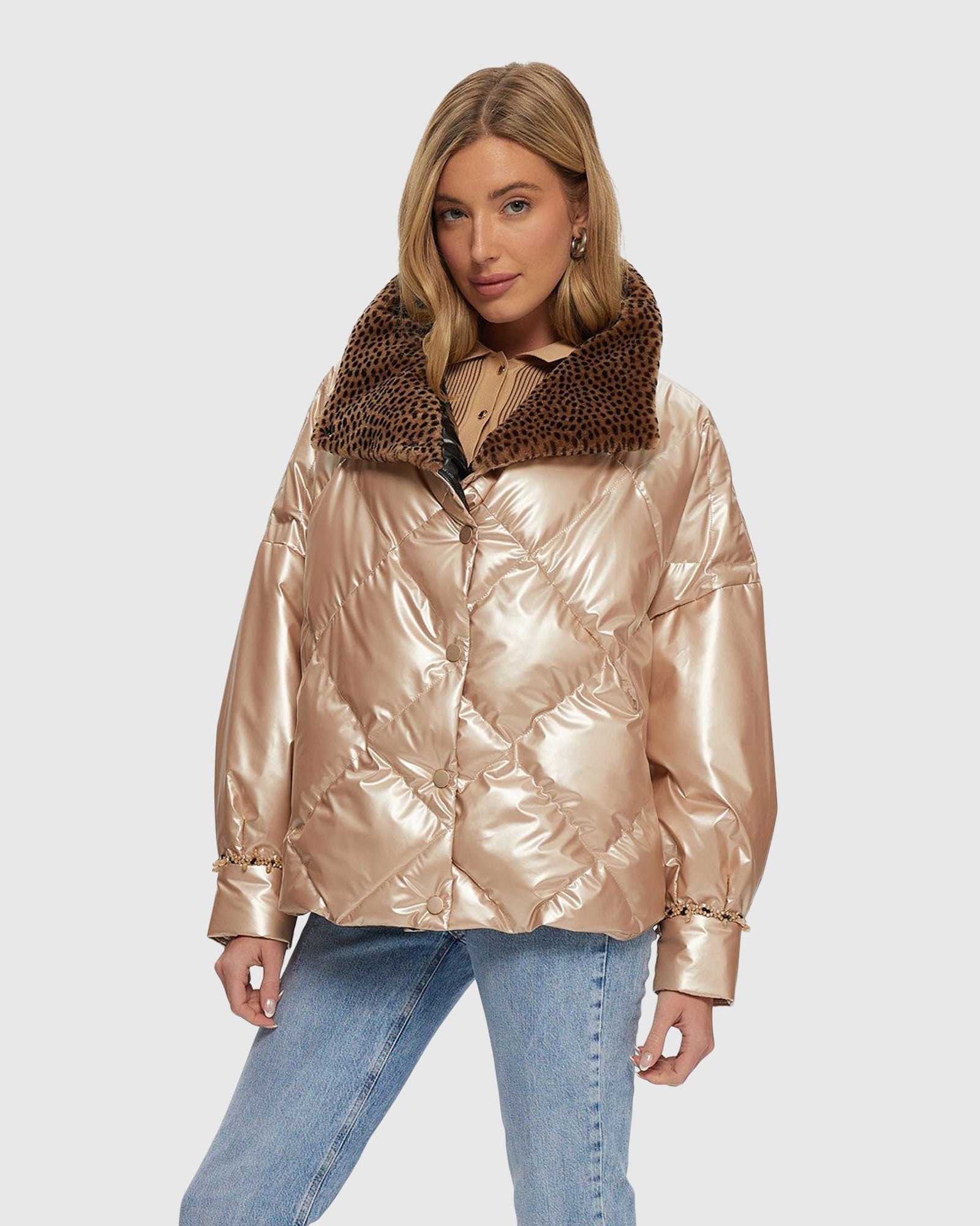 Quilted Jacket With Select Shearling Lamb Collar | Rose Gold/Spot Print