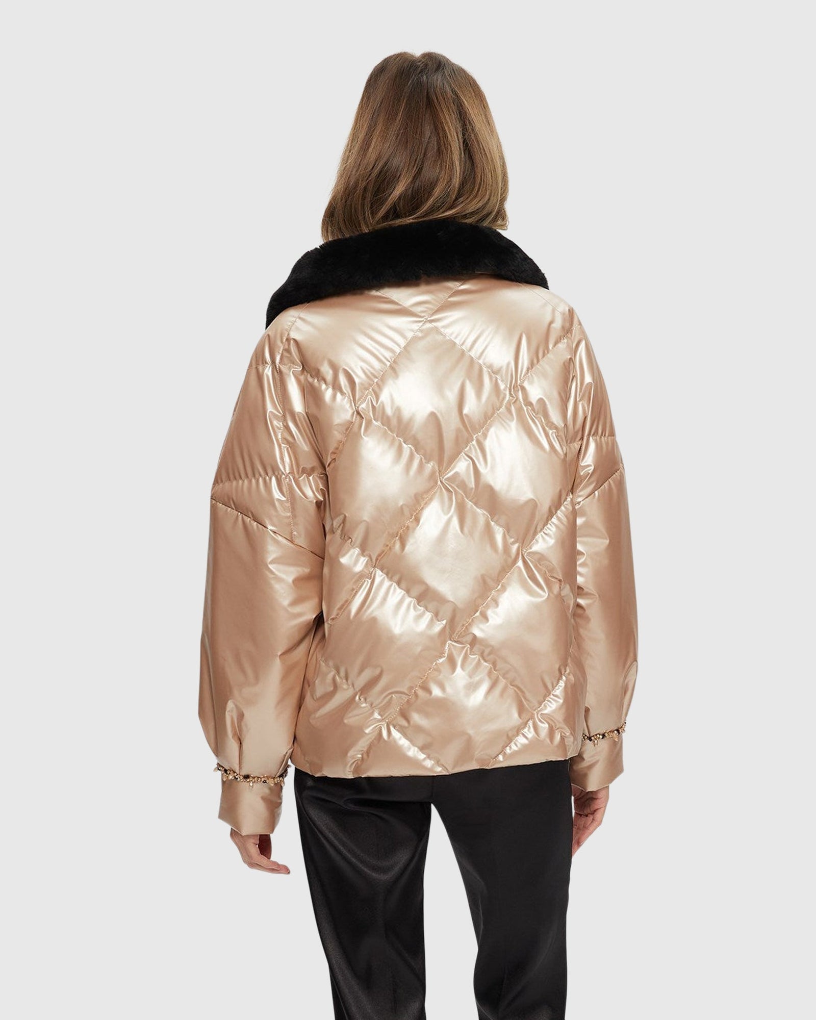 Quilted Jacket With Select Shearling Lamb Collar | Rose Gold/Black
