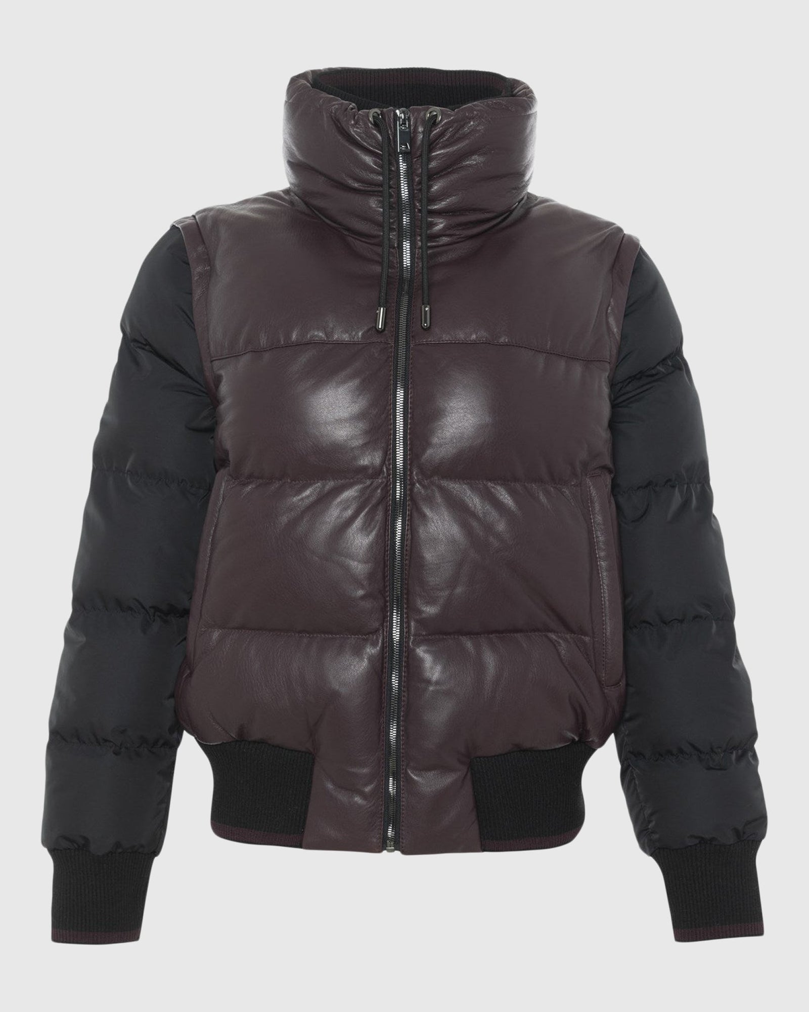 Quilted Leather Jacket With Detachable Fabric Sleeves | Burgundy