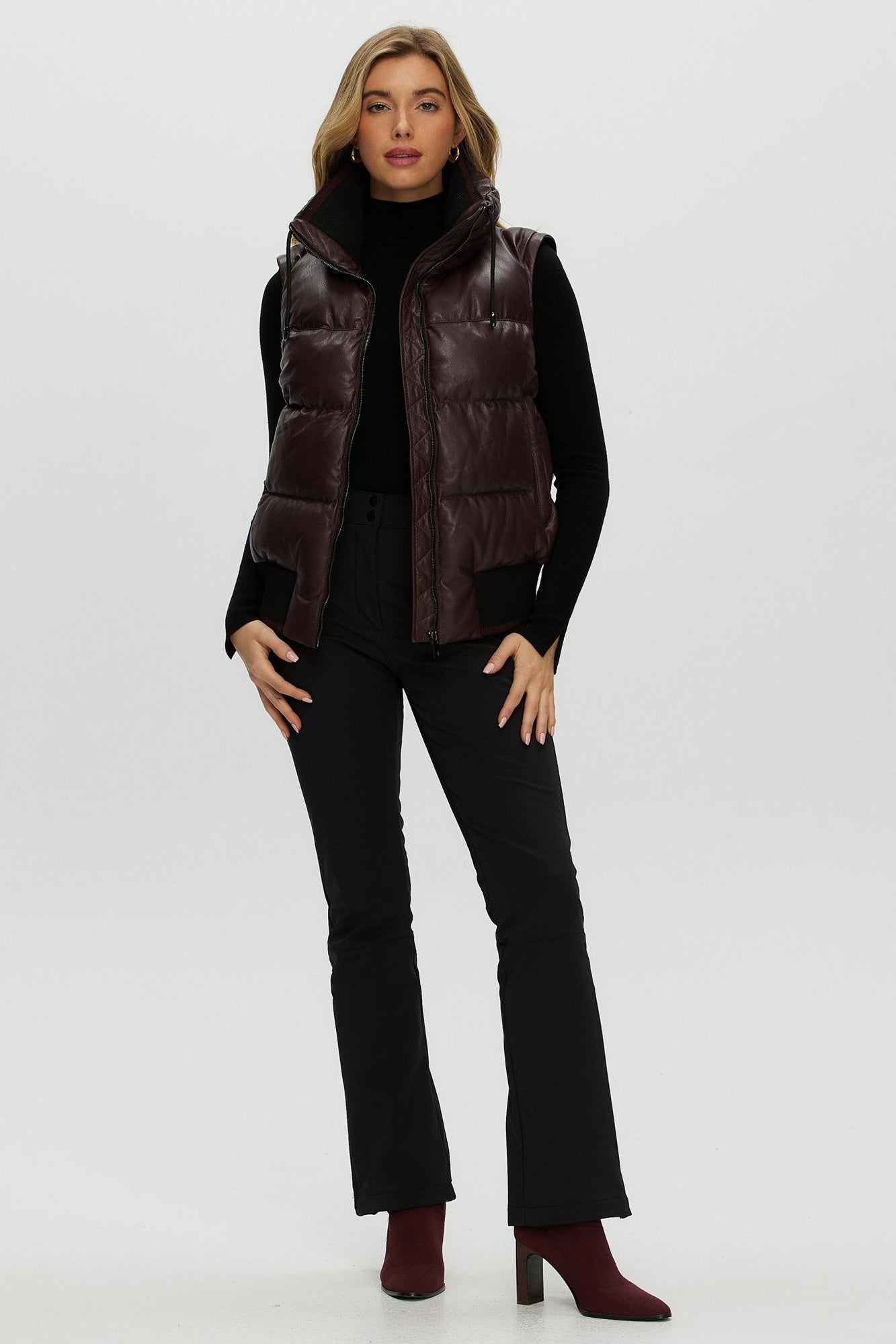 Quilted Leather Jacket With Detachable Fabric Sleeves | Women | Burgundy