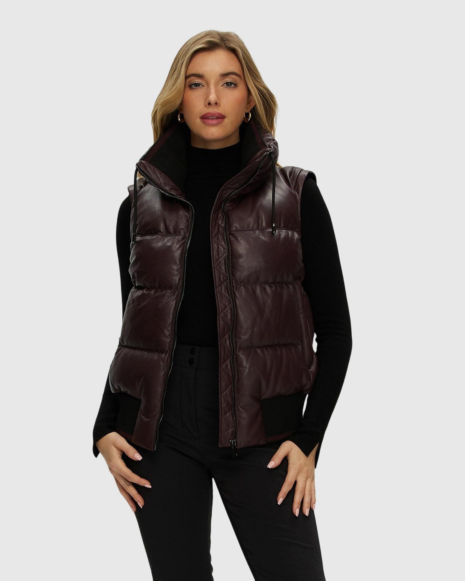 Quilted Leather Jacket With Detachable Fabric Sleeves | Burgundy