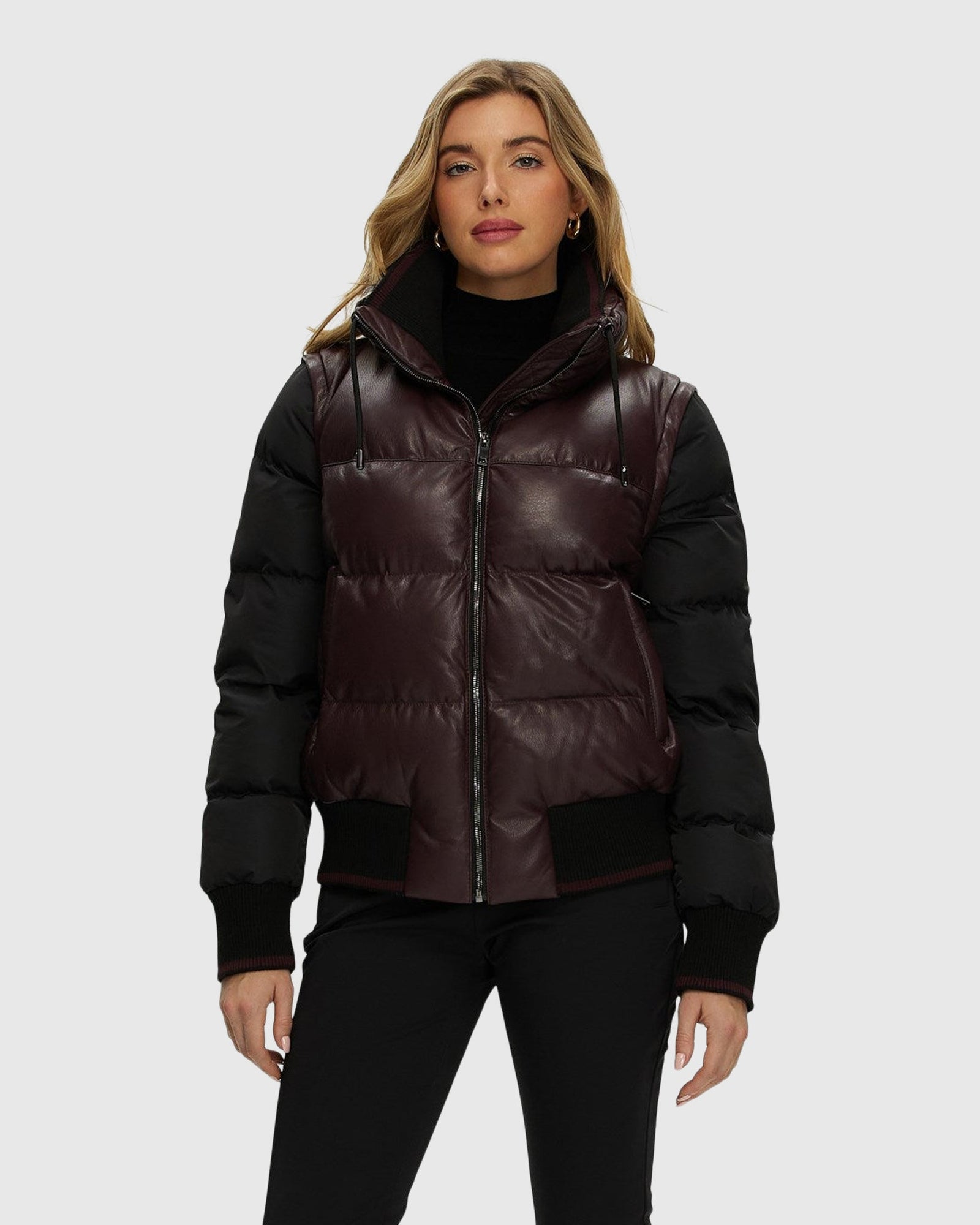 Quilted Leather Jacket With Detachable Fabric Sleeves | Burgundy