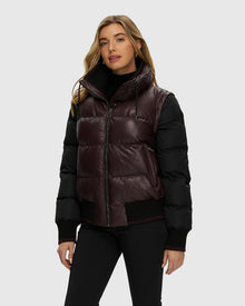 Quilted Leather Jacket With Detachable Fabric Sleeves | Burgundy