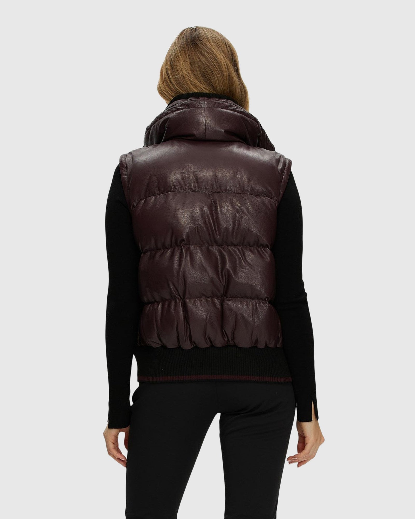 Quilted Leather Jacket With Detachable Fabric Sleeves | Burgundy