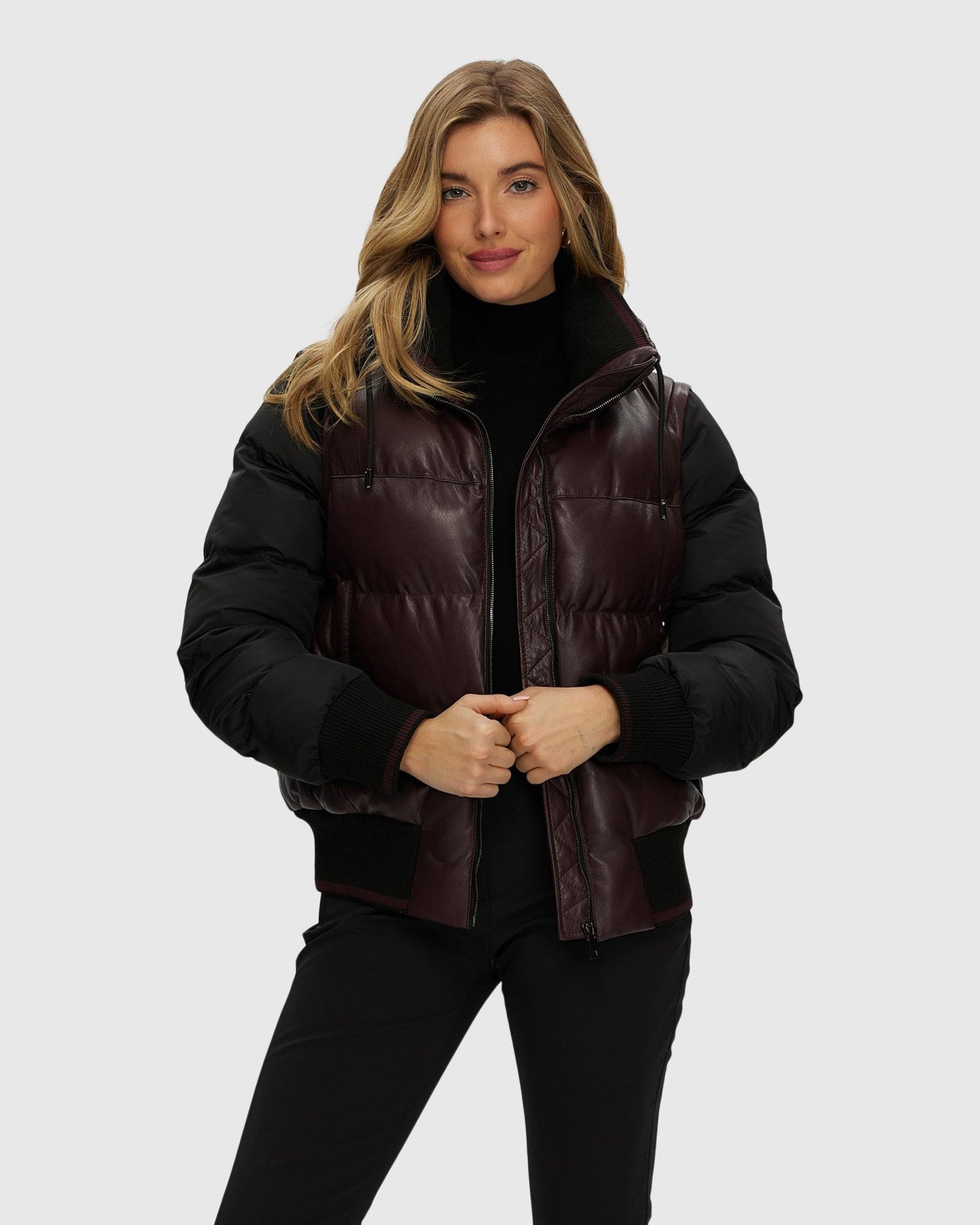 Quilted Leather Jacket With Detachable Fabric Sleeves | Burgundy
