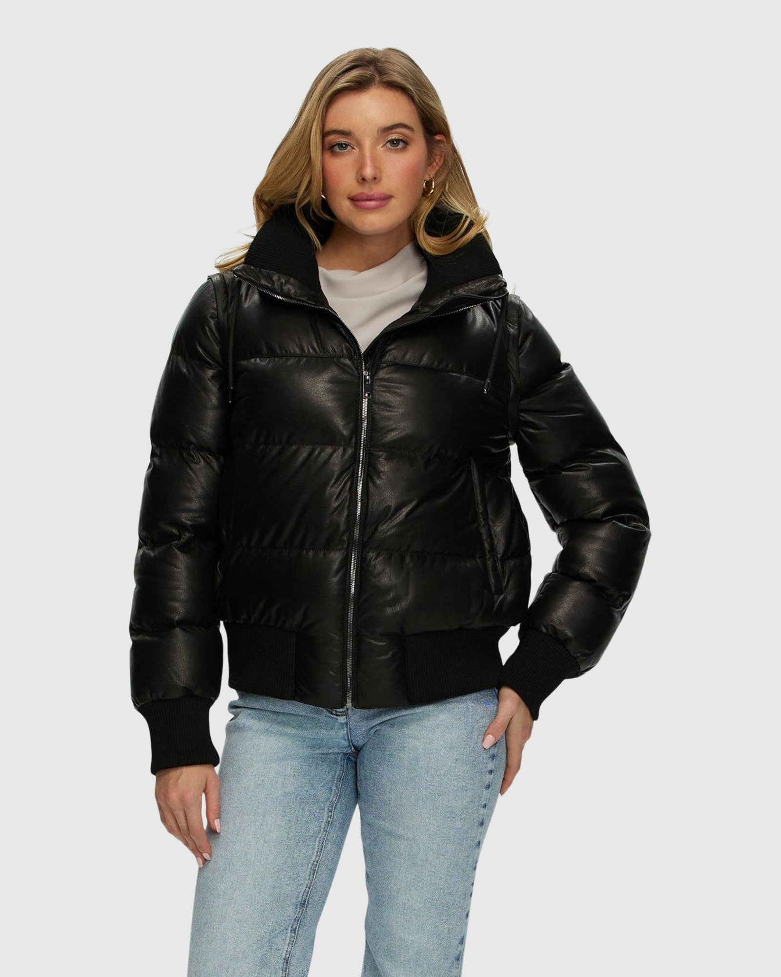Quilted Leather Jacket With Detachable Sleeves | Black