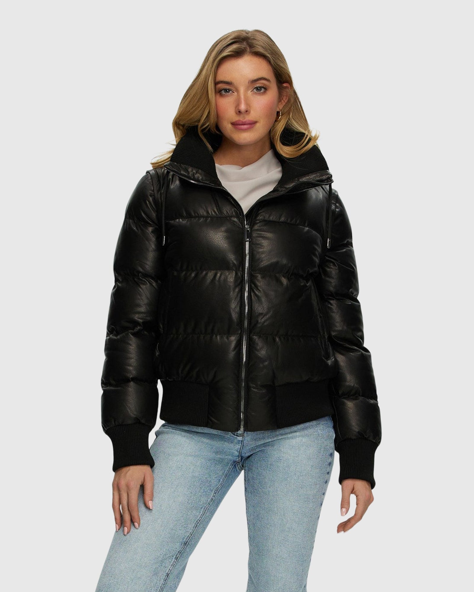 Quilted Leather Jacket With Detachable Sleeves | Black