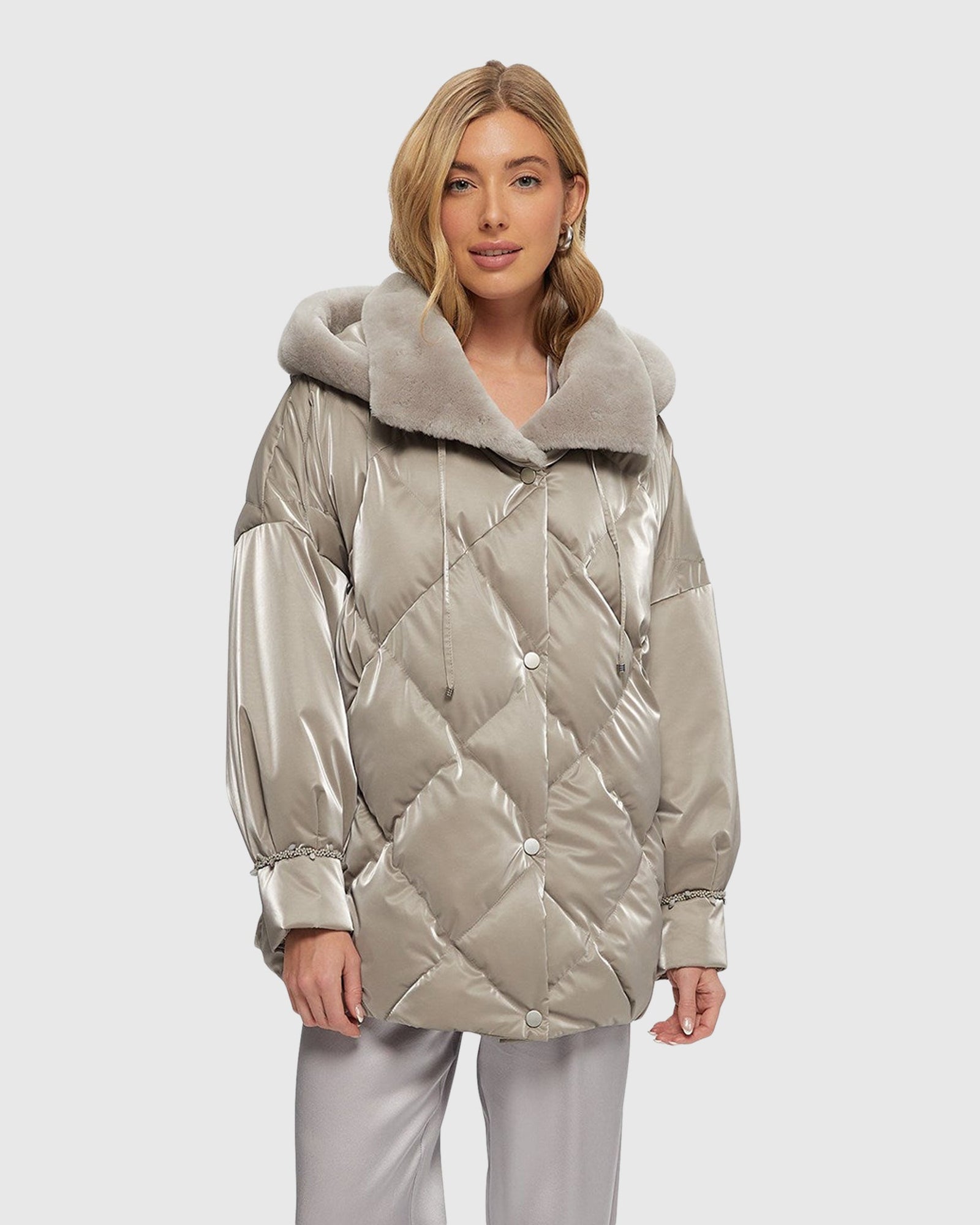 Quilted Parka With Select Shearling Lamb Hood Trim | Greige