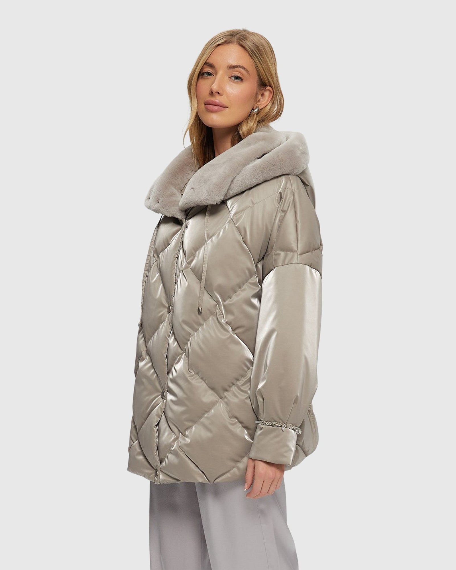 Quilted Parka With Select Shearling Lamb Hood Trim | Greige