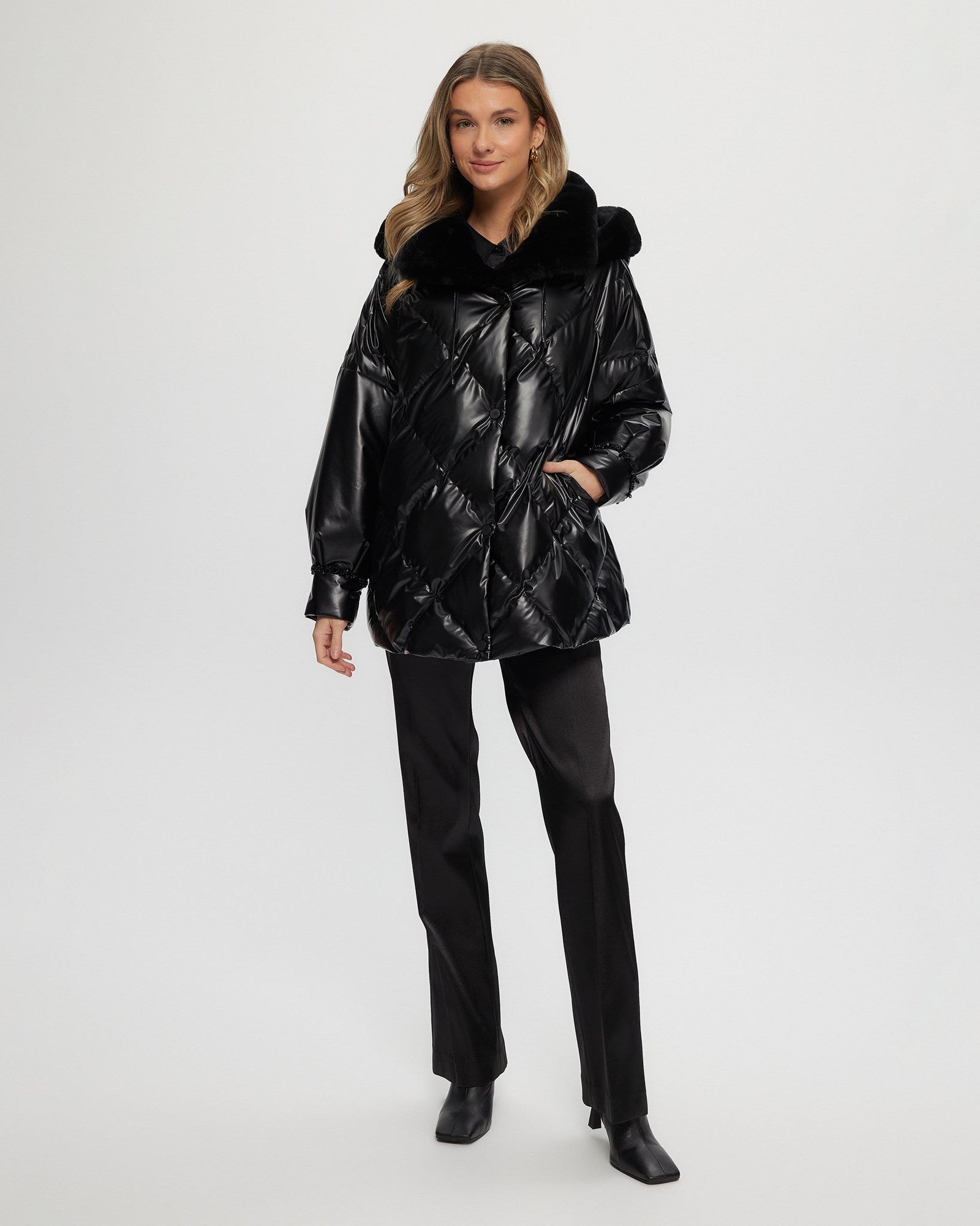 Quilted Parka With Shearling Lamb Collar & Hood Trim | Women | Black