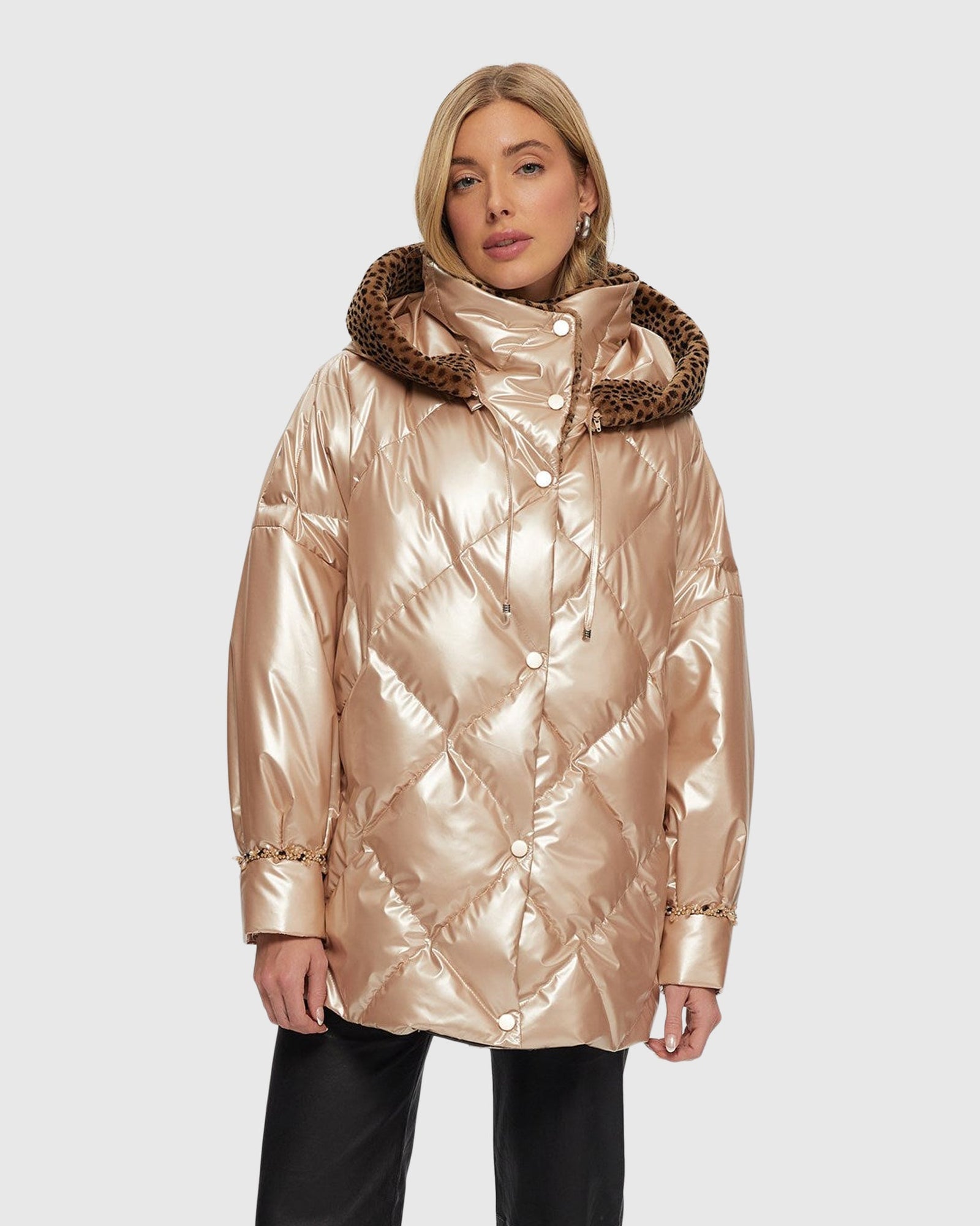 Quilted Parka With Shearling Lamb Collar & Hood Trim | Rose Gold/Spot Print