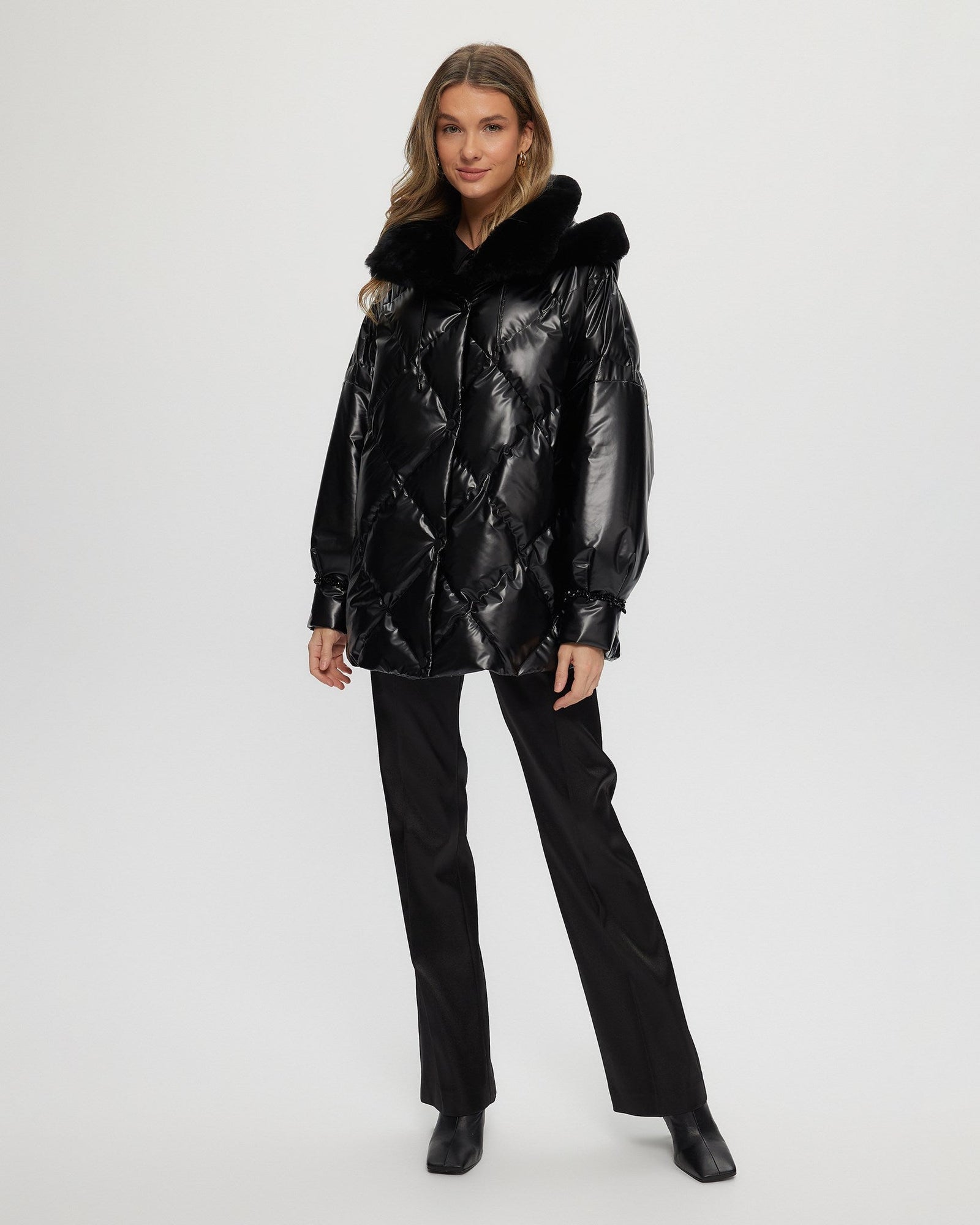 Quilted Parka With Shearling Lamb Collar & Hood Trim | Women | Black