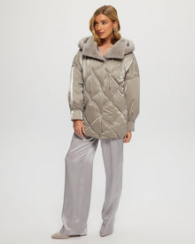 Quilted Parka With Shearling Lamb Collar & Hood Trim | Women | Greige