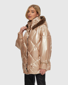 Quilted Parka With Shearling Lamb Collar & Hood Trim | Rose Gold/Spot Print