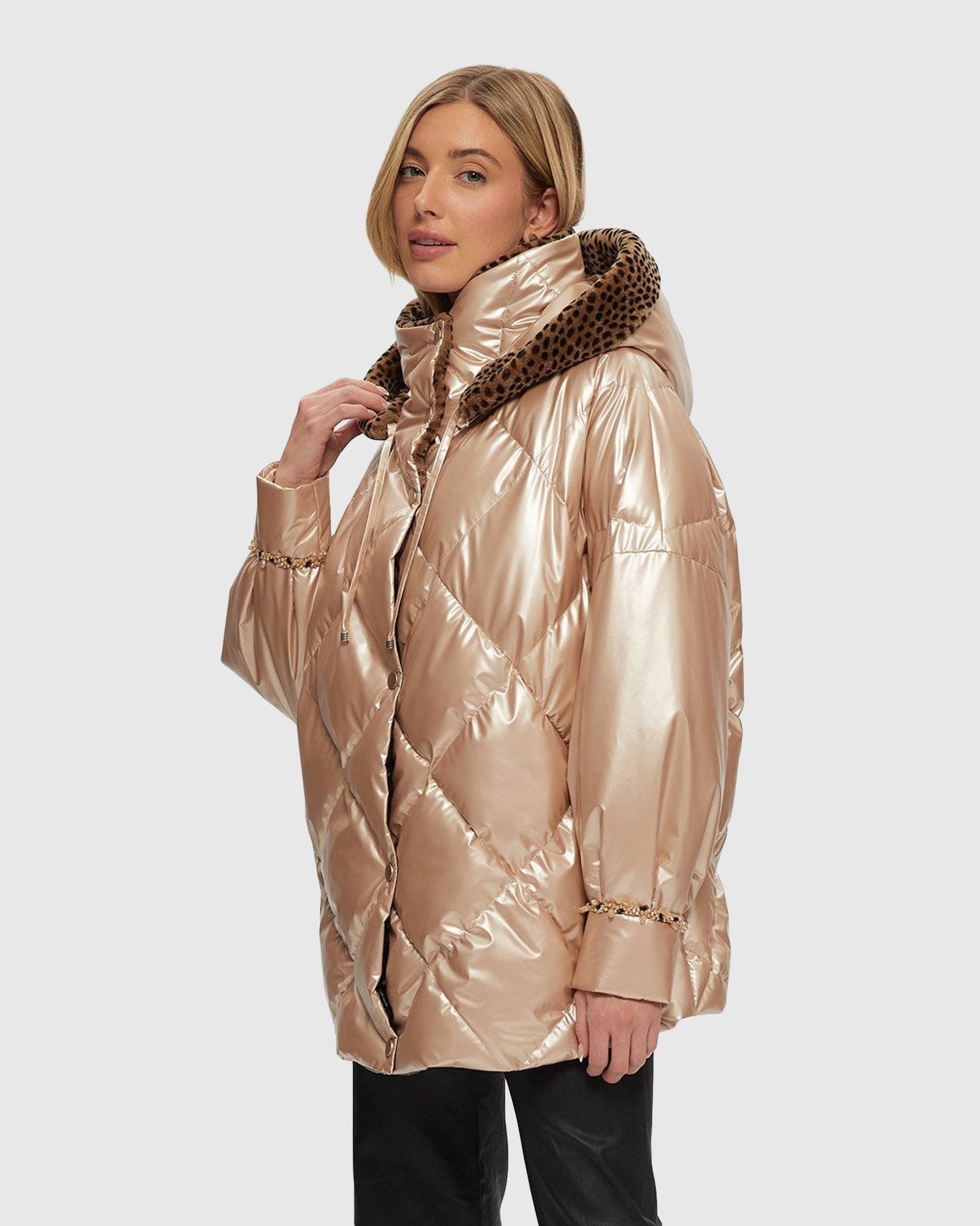 Quilted Parka With Shearling Lamb Collar & Hood Trim | Rose Gold/Spot Print