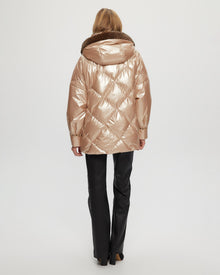 Quilted Parka With Shearling Lamb Collar & Hood Trim | Women | Rose Gold x Spot Print