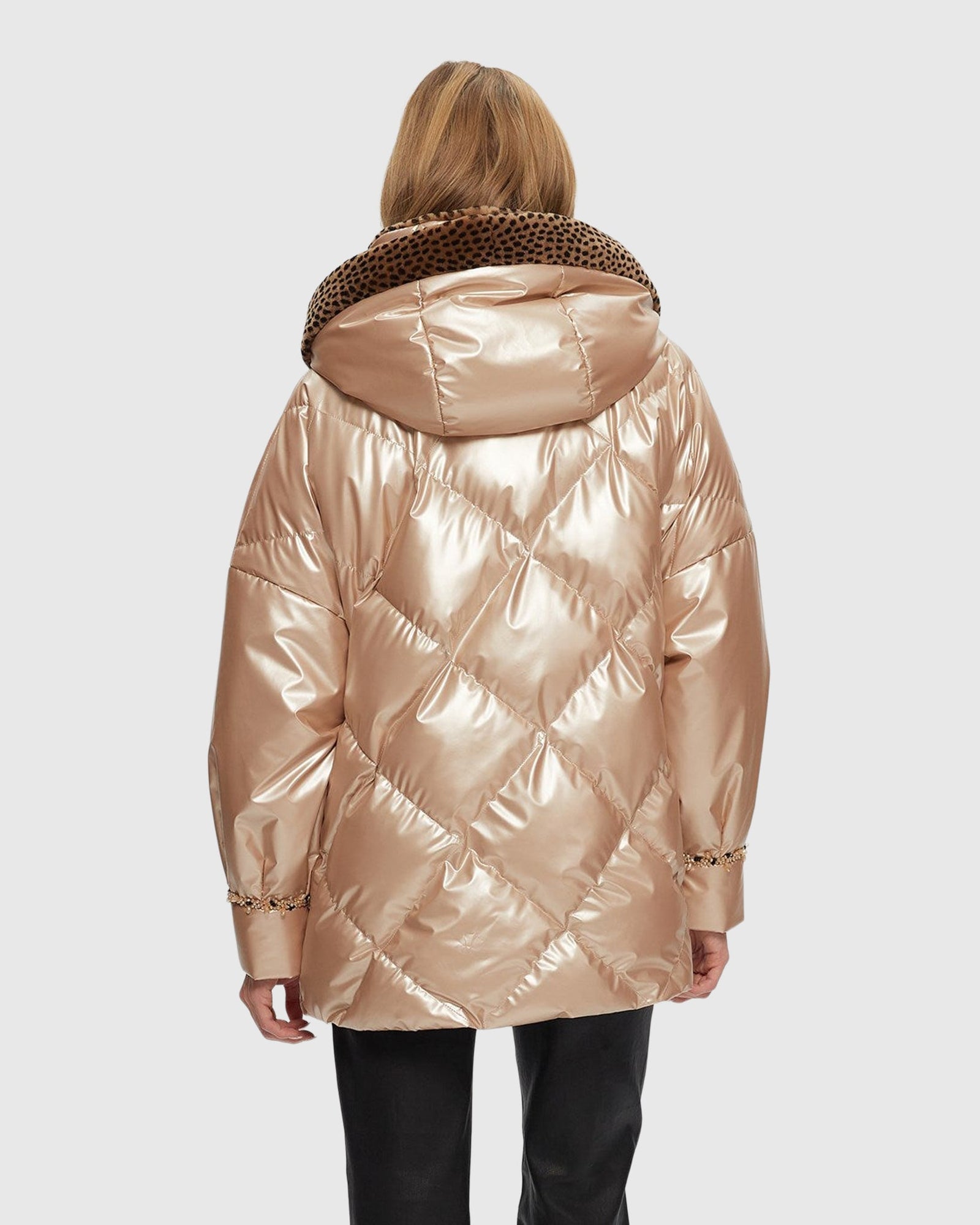 Quilted Parka With Shearling Lamb Collar & Hood Trim | Rose Gold/Spot Print