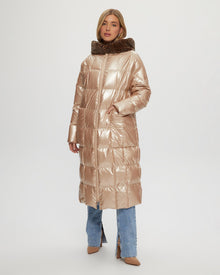 Quilted Parka With Shearling Lamb Hood Trim | Women | Rose Gold x Spot Print