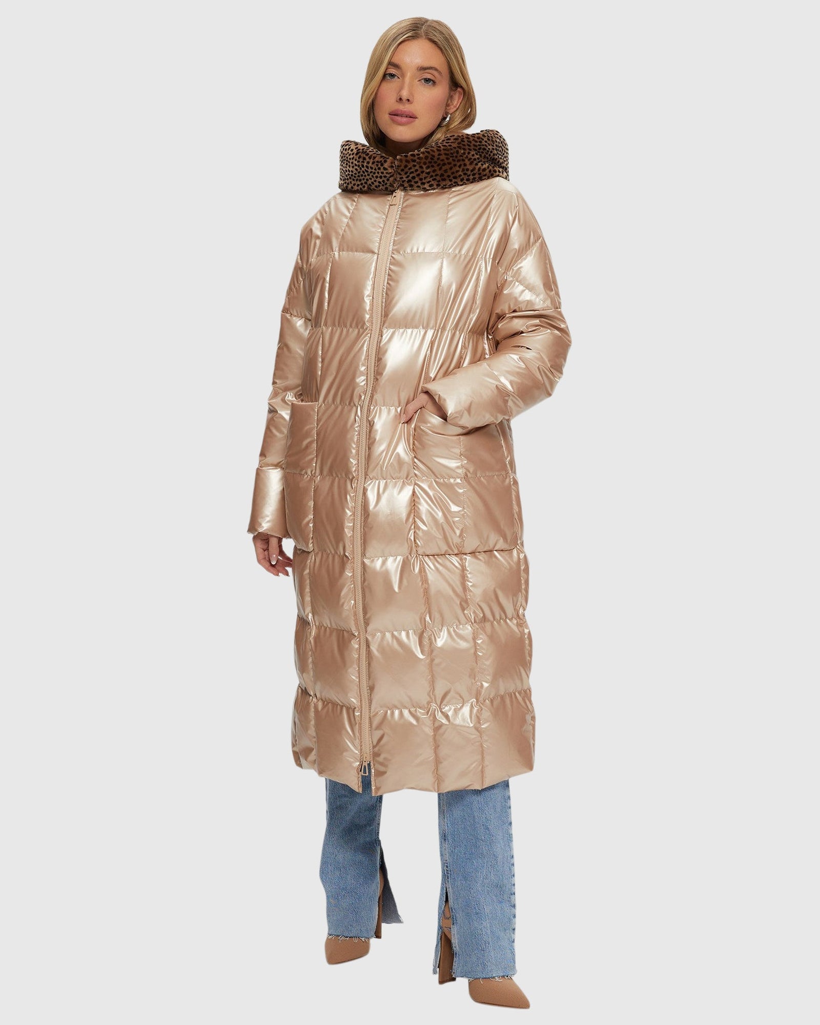 Quilted Parka With Shearling Lamb Hood Trim | Rose Gold/Spot Print