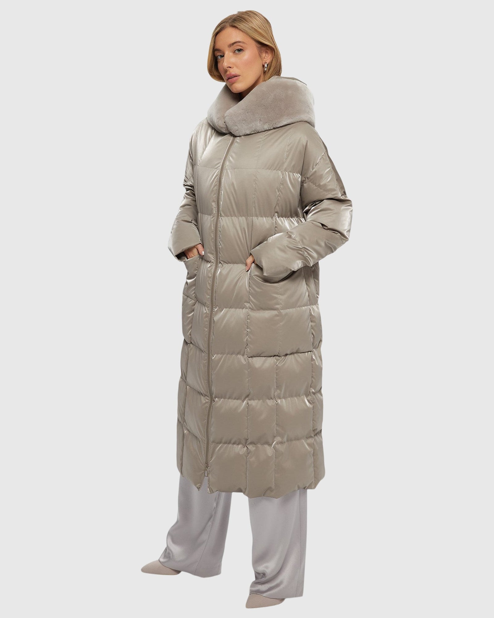 Quilted Parka With Shearling Lamb Hood Trim | Greige