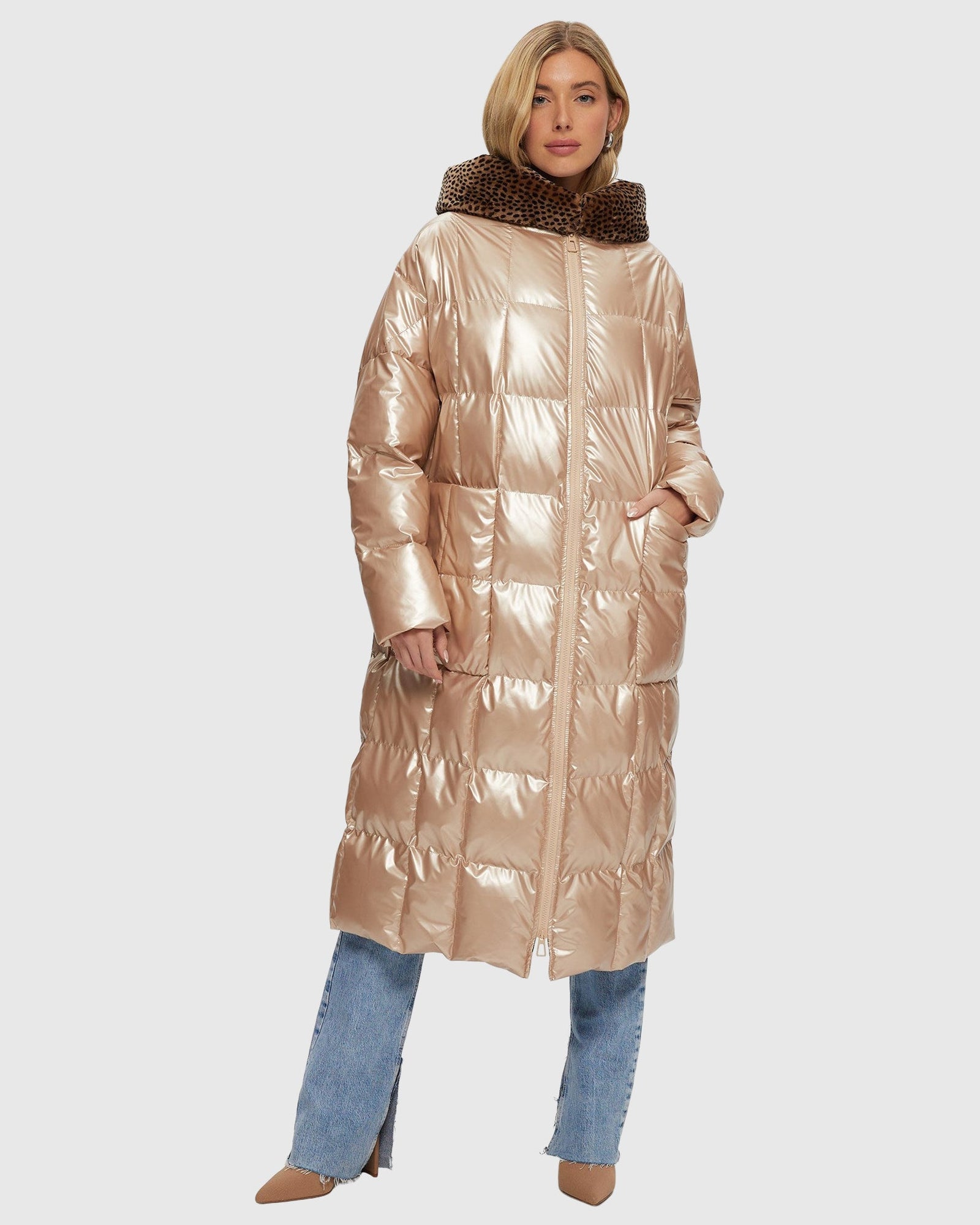 Quilted Parka With Shearling Lamb Hood Trim | Rose Gold/Spot Print