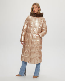 Quilted Parka With Shearling Lamb Hood Trim | Rose Gold/Spot Print