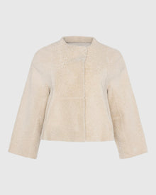 Reversible Collarless New Zealand Shearling Lamb Jacket With 3/4 Sleeves | Beige