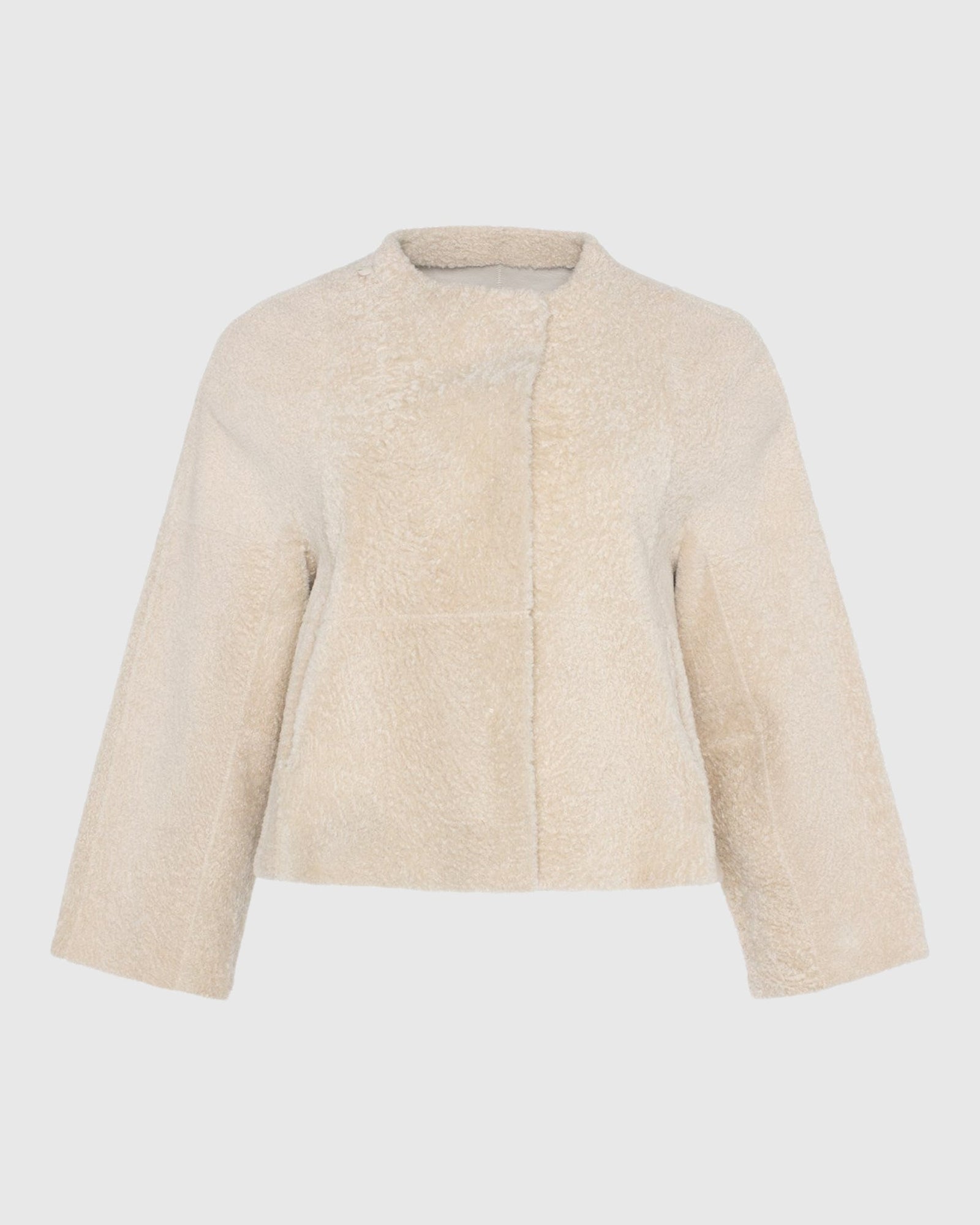 Reversible Collarless New Zealand Shearling Lamb Jacket With 3/4 Sleeves | Beige